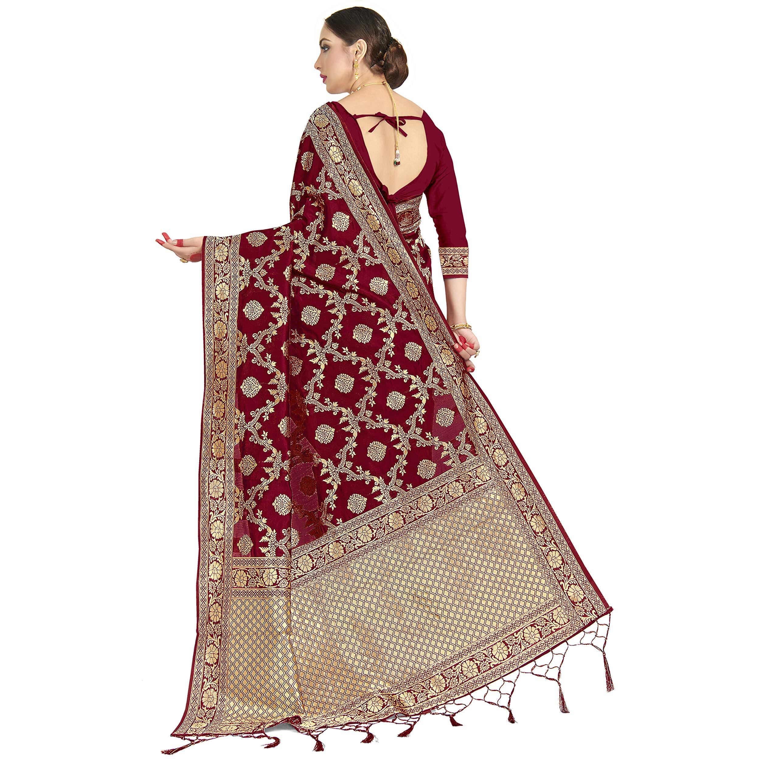 Vardha Womens Banarasi Art Silk Saree with Unstitched Blouse Piece - Zari Woven Work Sarees for Wedding (Paneri, 7, Red)