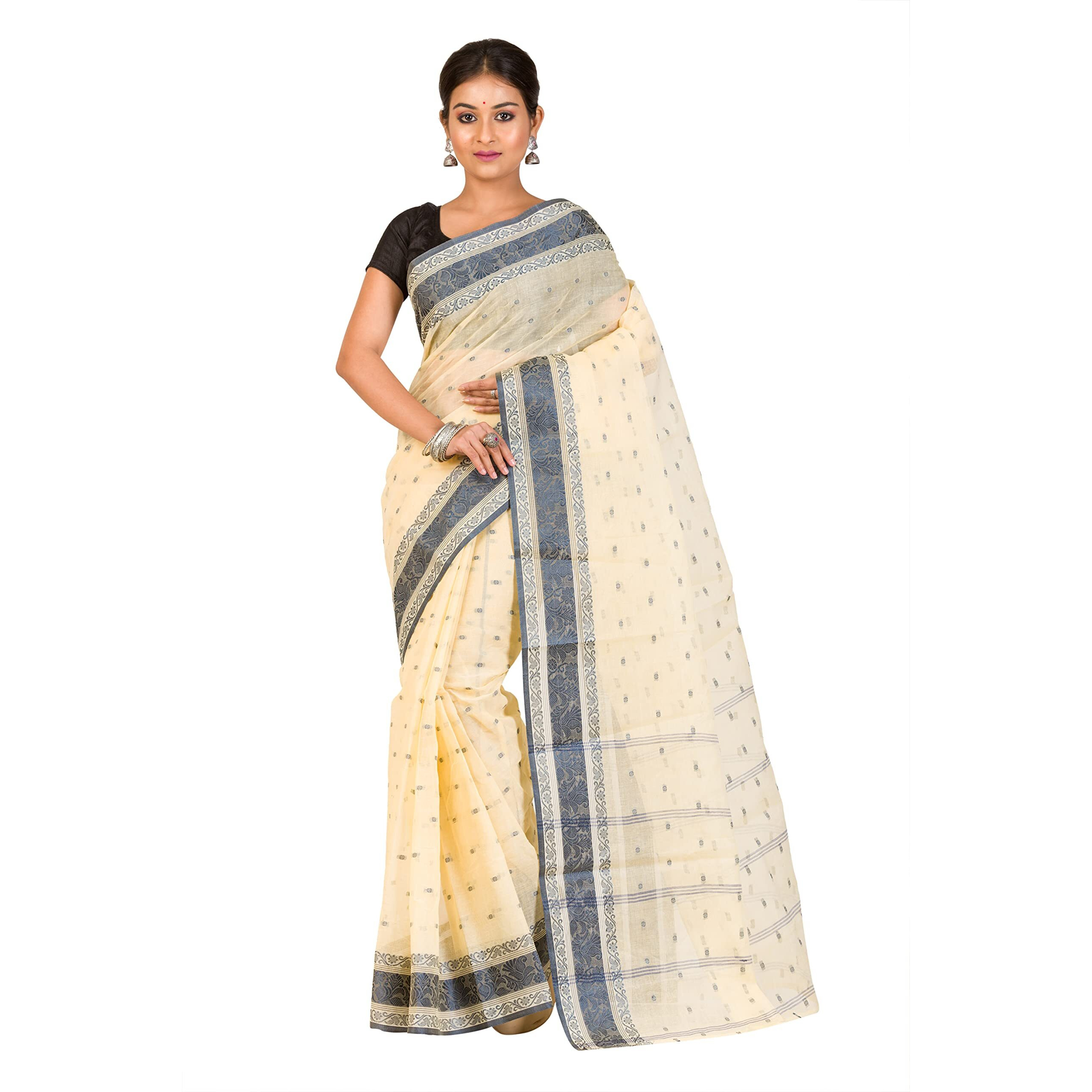 RAJ SAREE HOUSE Womens Traditional Pure Cotton Bengali Handloom Tant Saree without Blouse Piece - (Off-White Still)