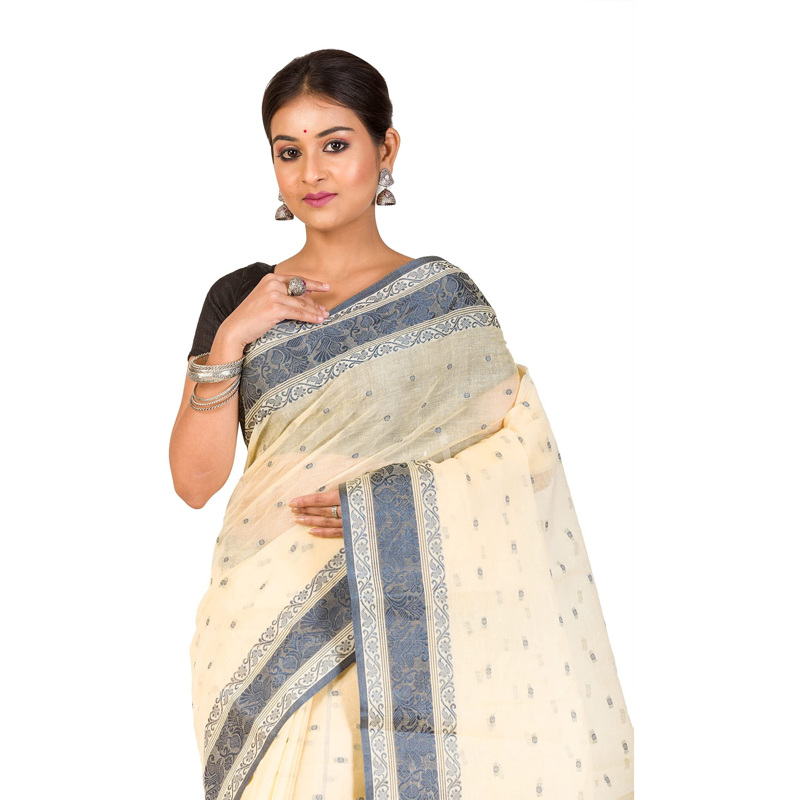RAJ SAREE HOUSE Womens Traditional Pure Cotton Bengali Handloom Tant Saree without Blouse Piece - (Off-White Still)