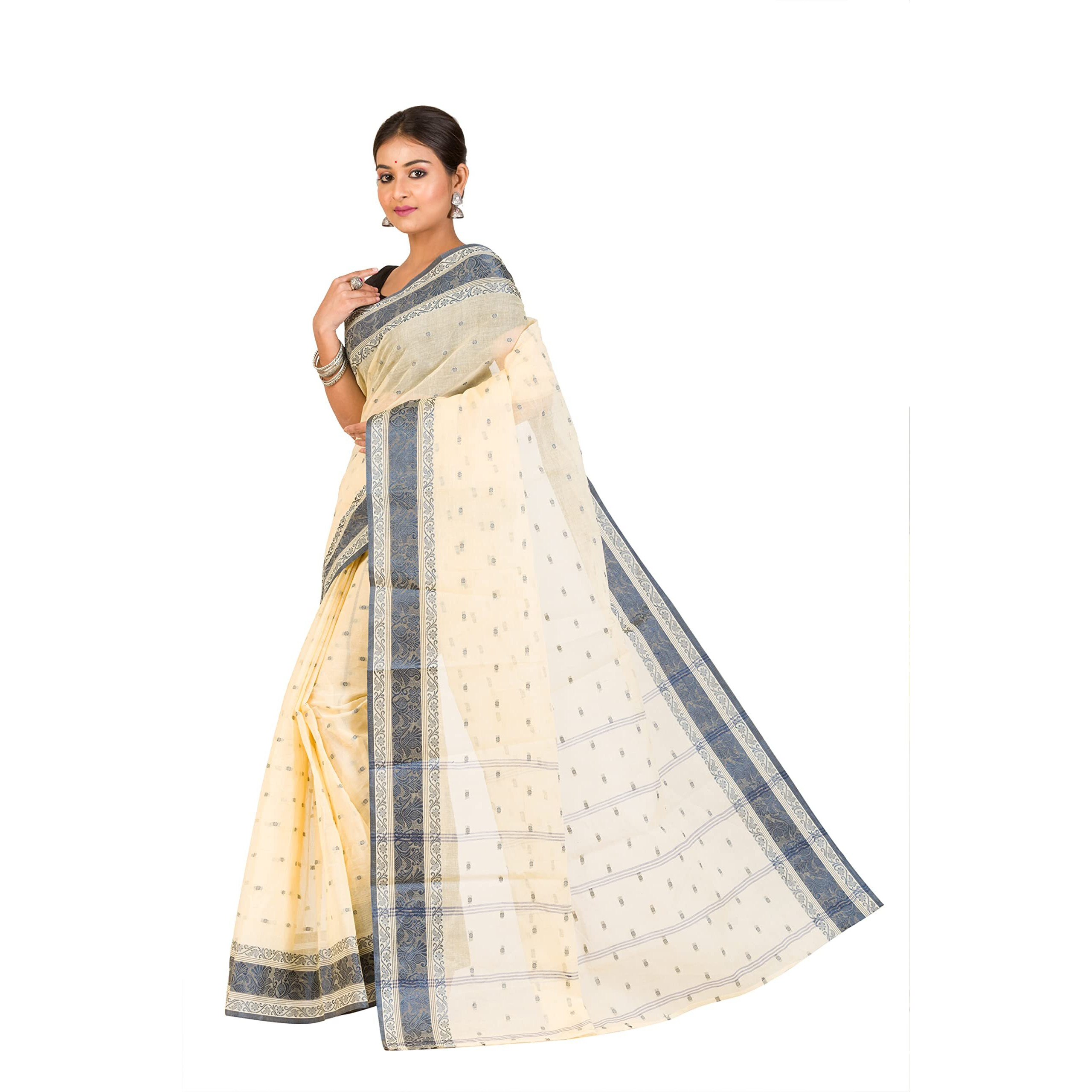 RAJ SAREE HOUSE Womens Traditional Pure Cotton Bengali Handloom Tant Saree without Blouse Piece - (Off-White Still)