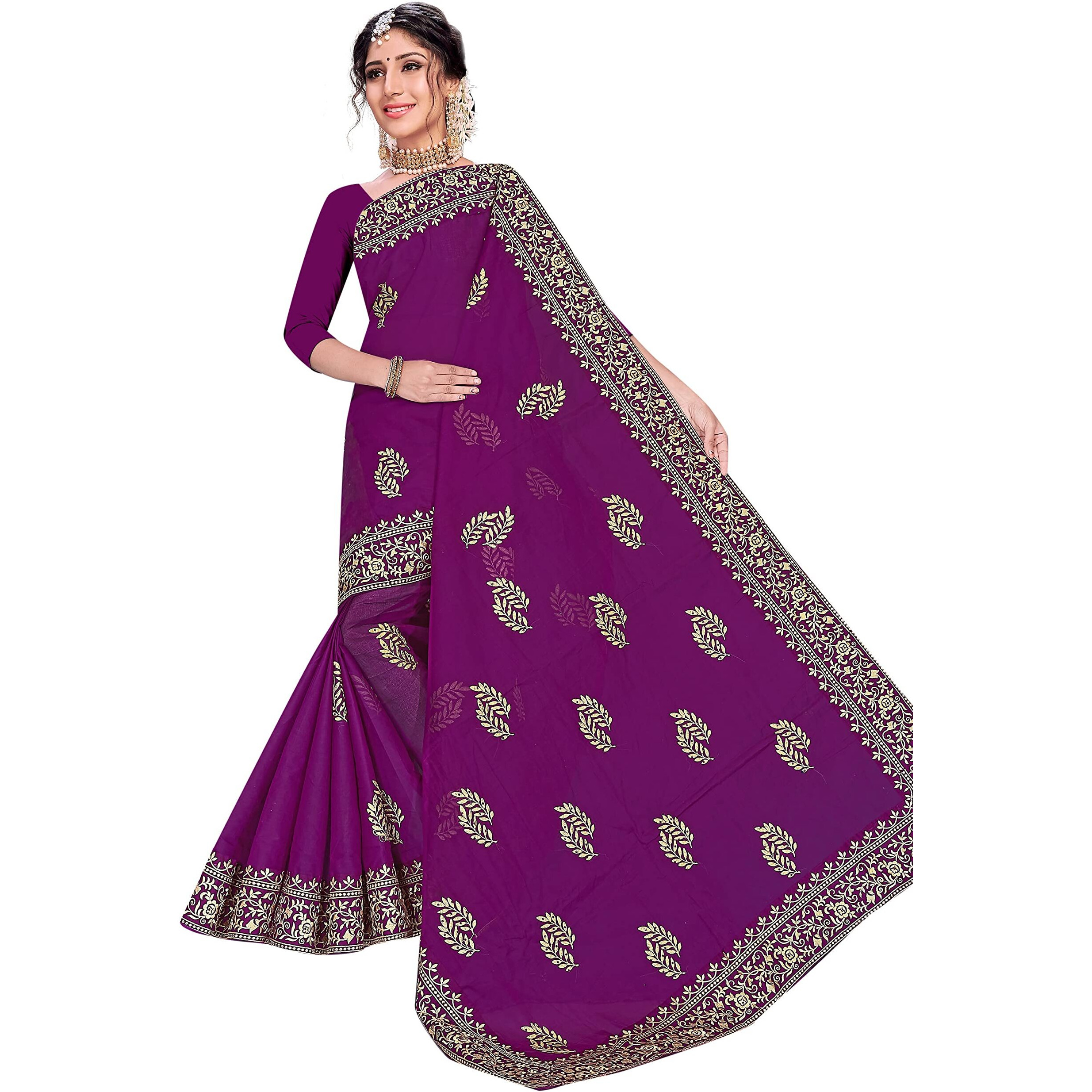 TAMAIRA FASHION Womens Plain Weave Pure Cotton Saree with Heavy Embroidery and stone work Without Blouse Piece (Magenta)