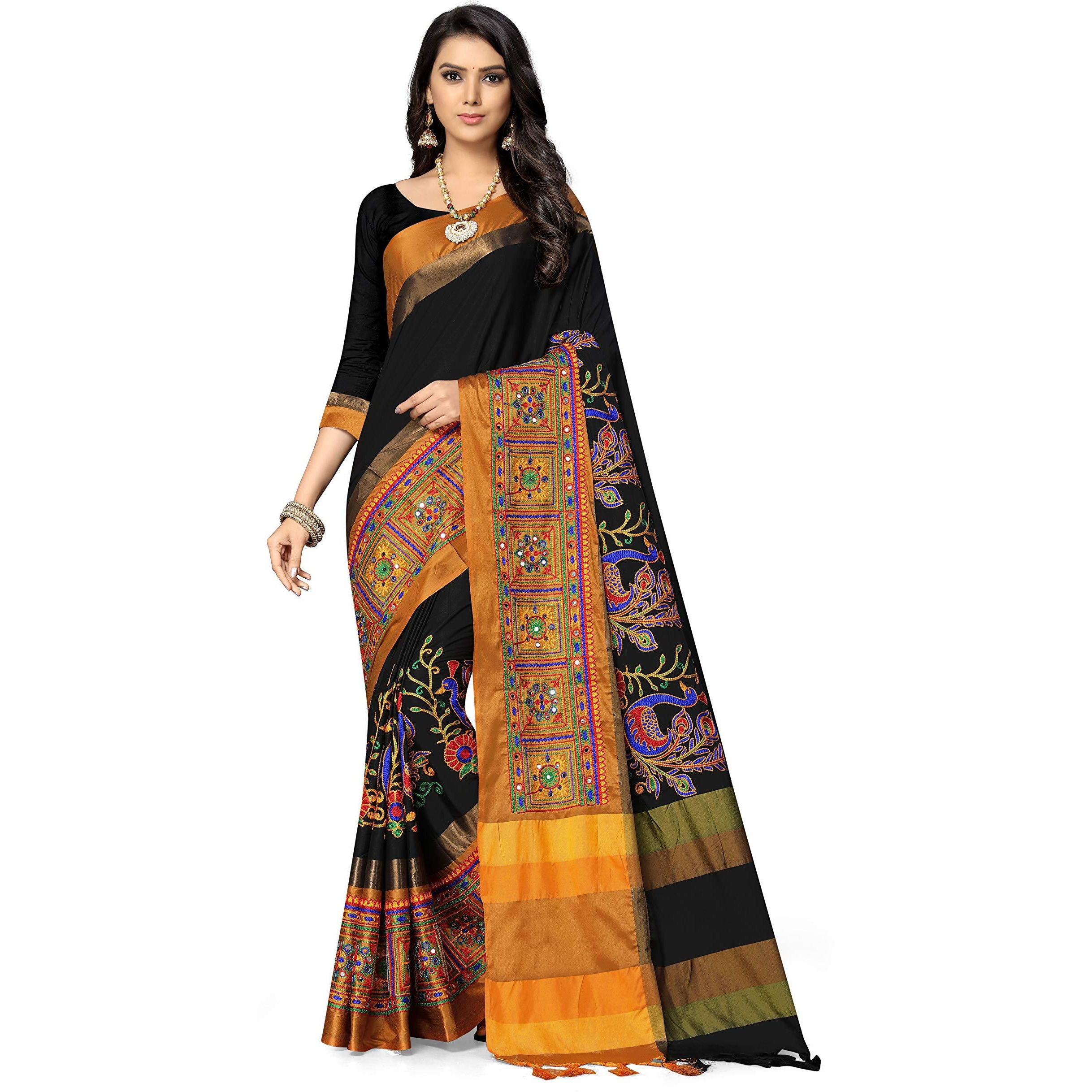 SERONA FABRICS Womens Banarasi Cotton Silk Embroidered Work Saree With Blouse Piece