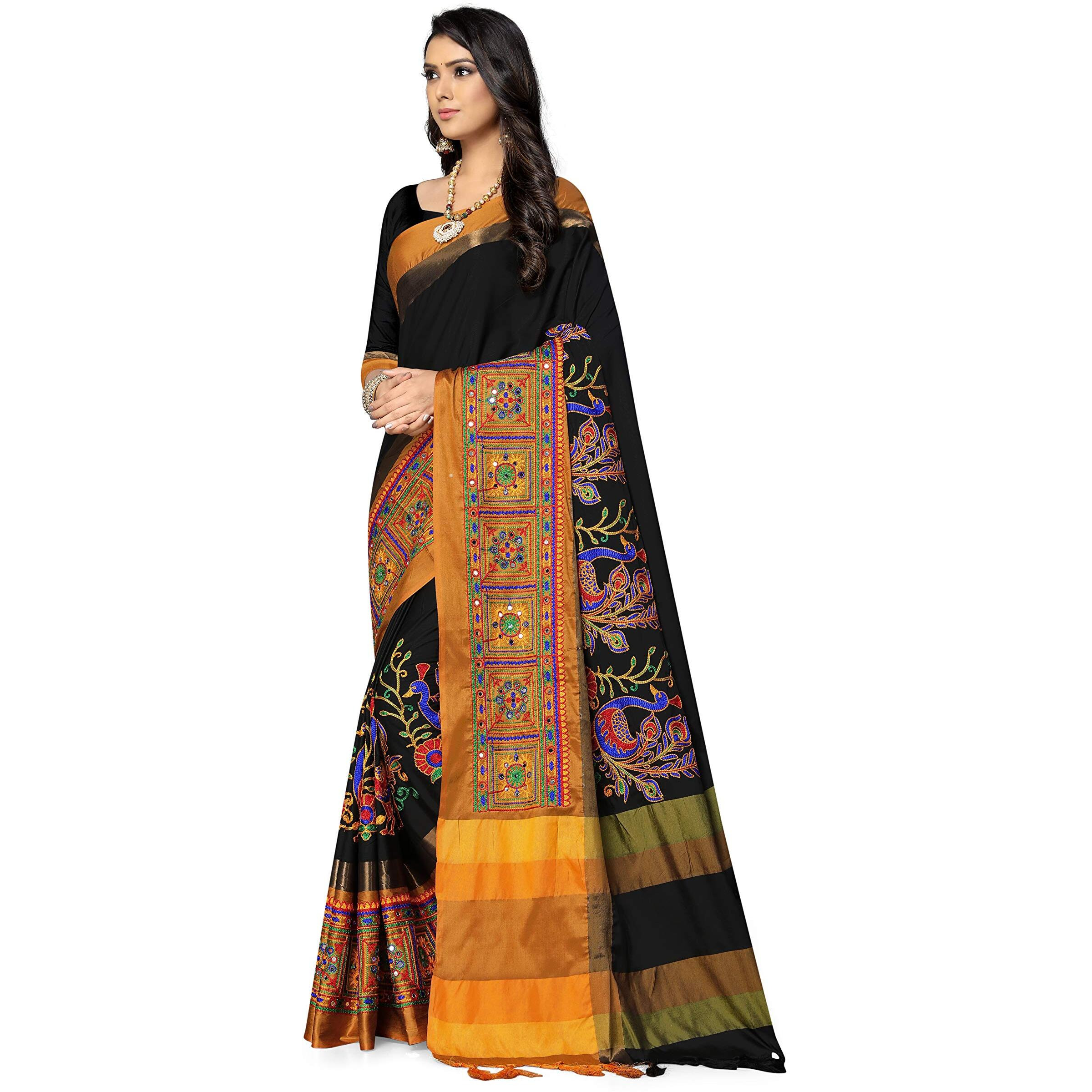 SERONA FABRICS Womens Banarasi Cotton Silk Embroidered Work Saree With Blouse Piece