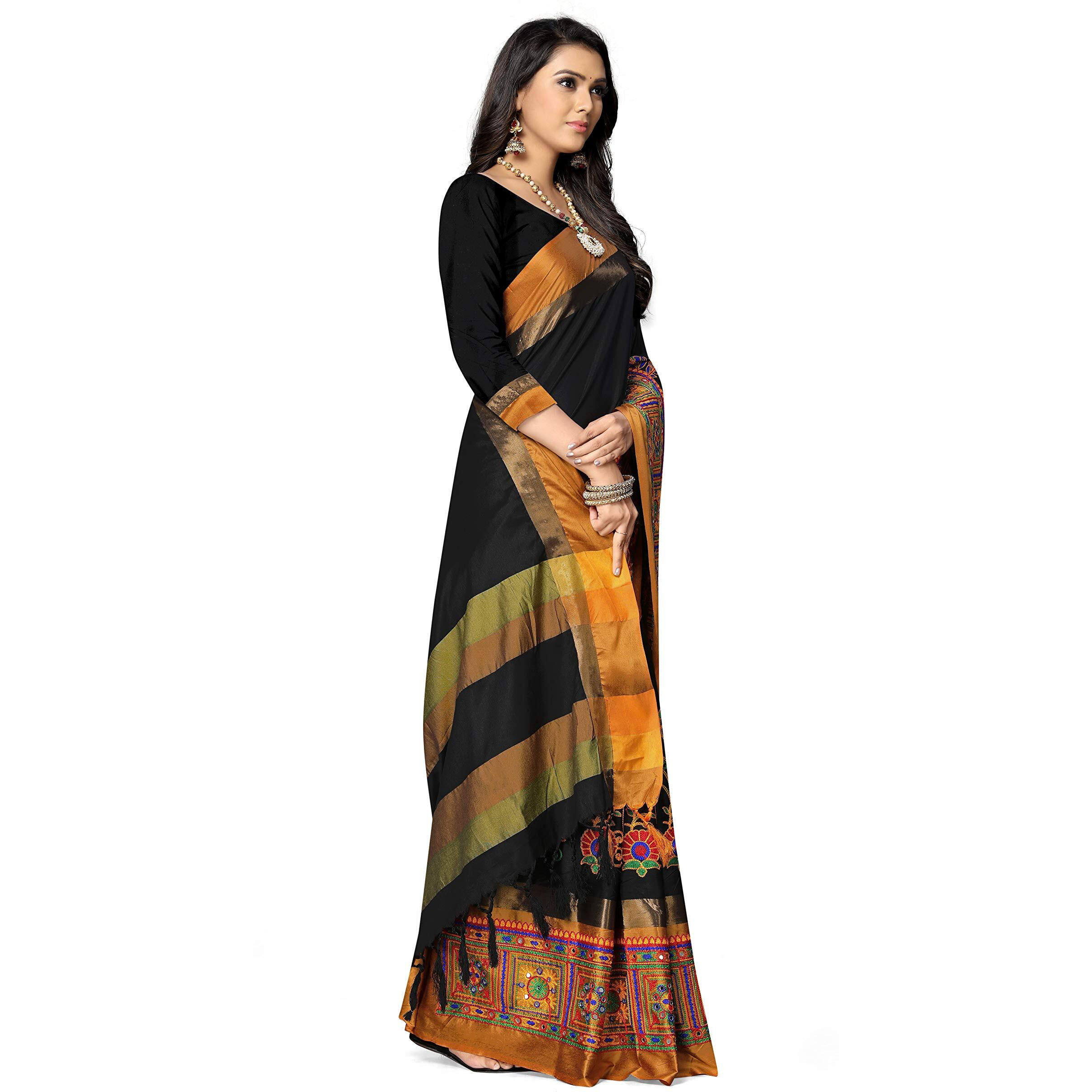SERONA FABRICS Womens Banarasi Cotton Silk Embroidered Work Saree With Blouse Piece