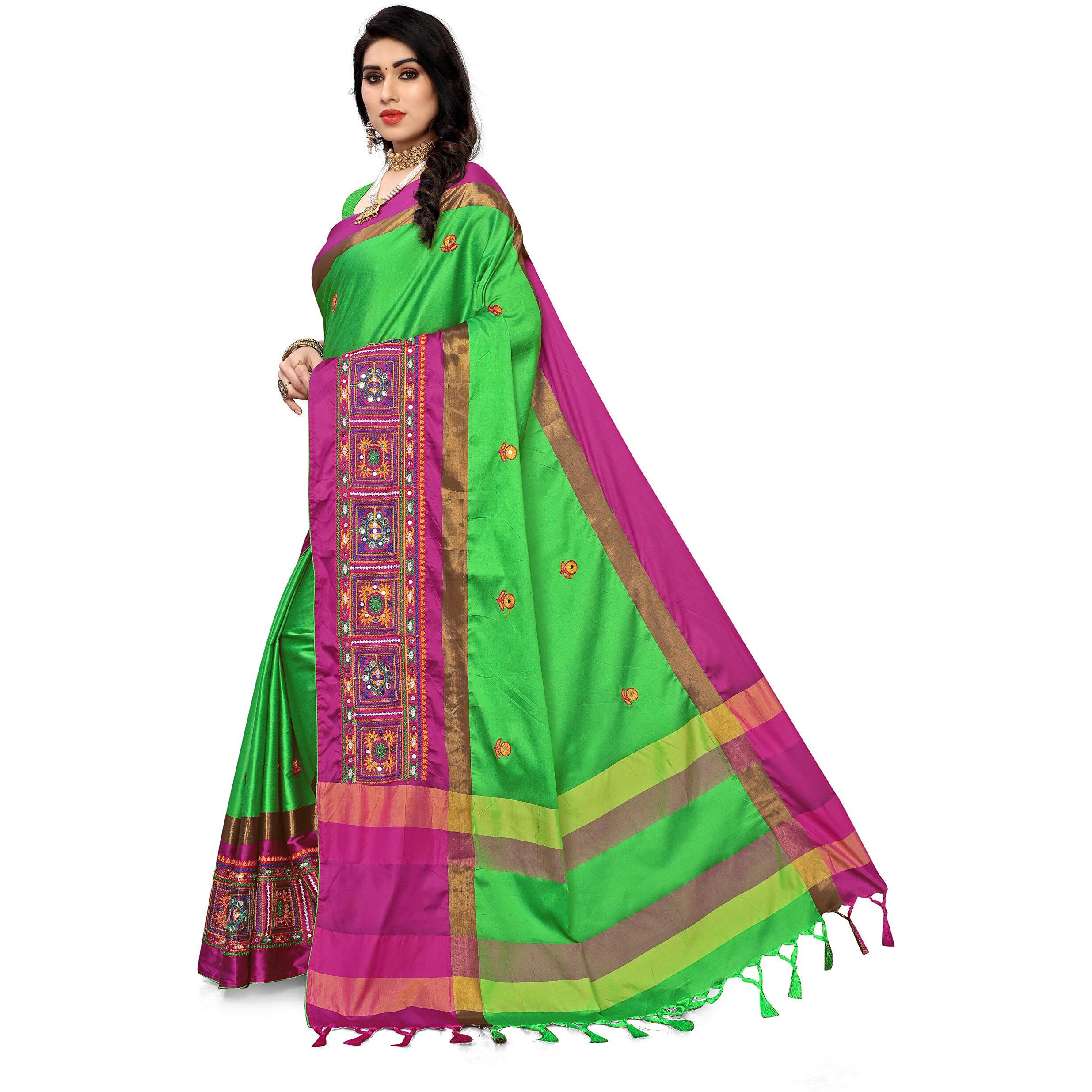 SERONA FABRICS Womens Banarasi Cotton Silk Embroidered Work Saree With Blouse Piece