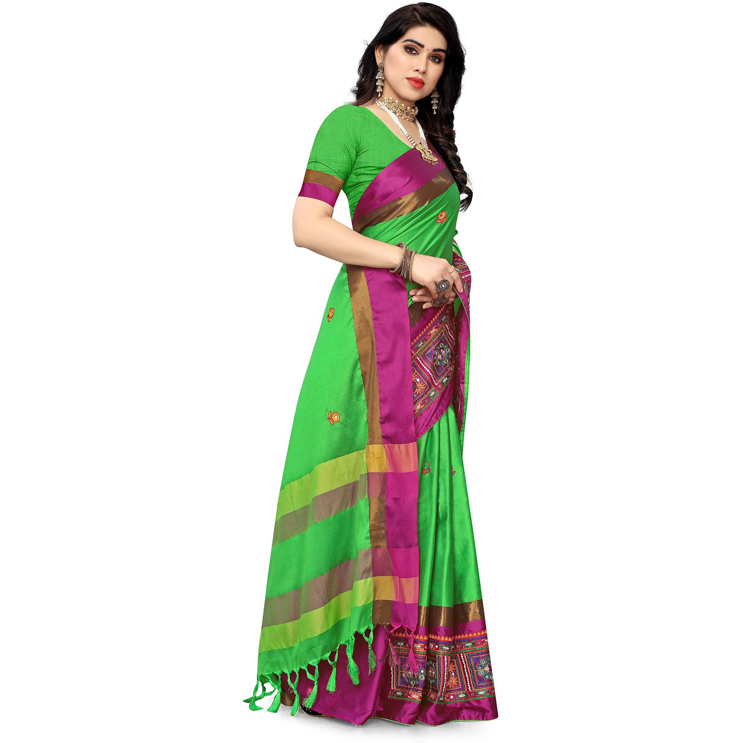SERONA FABRICS Womens Banarasi Cotton Silk Embroidered Work Saree With Blouse Piece