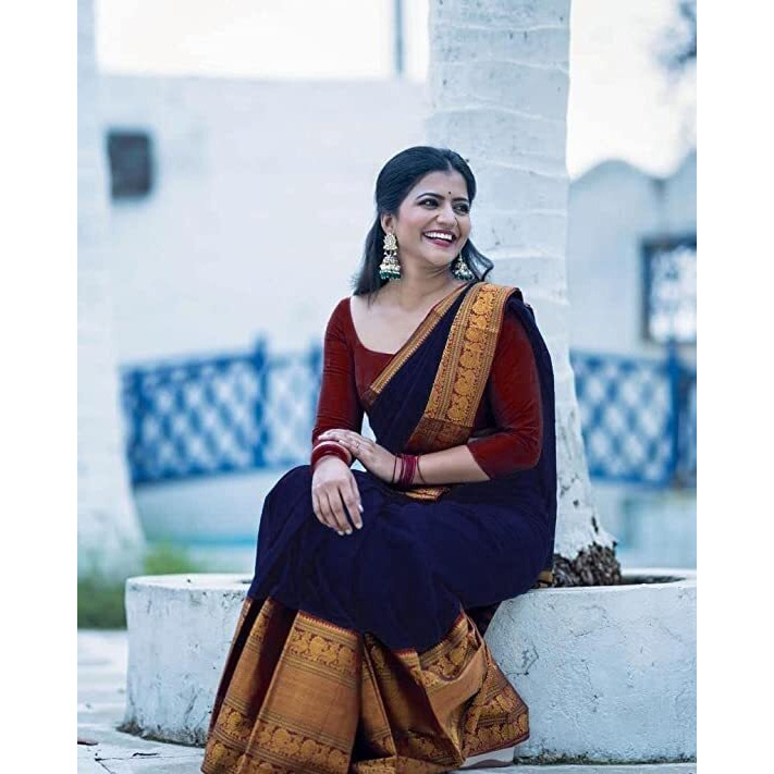 Jaanvi fashion Womens Narayan Peth Silk Saree With Unstitched Blouse Piece (harshika-dark-blue)