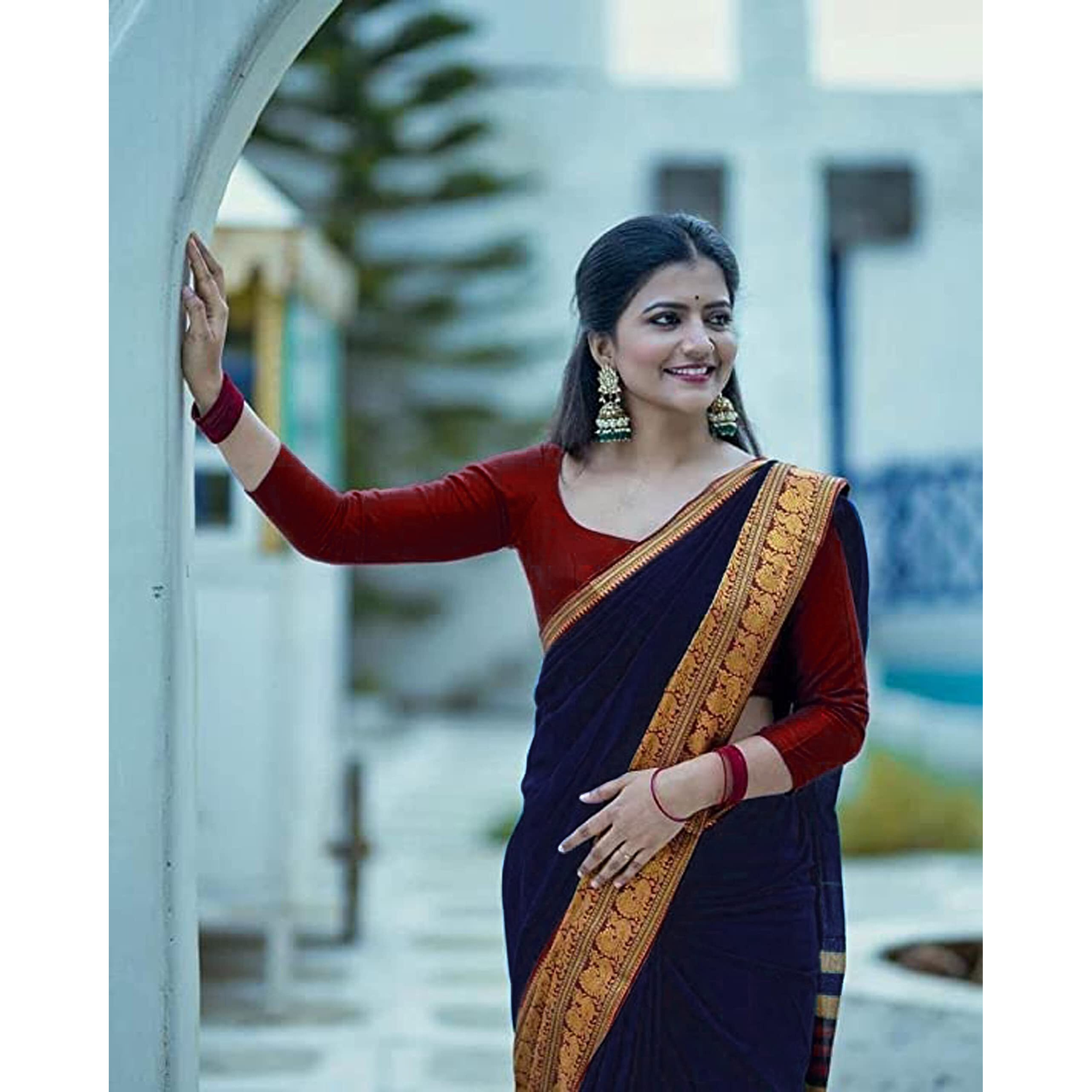 Jaanvi fashion Womens Narayan Peth Silk Saree With Unstitched Blouse Piece (harshika-dark-blue)