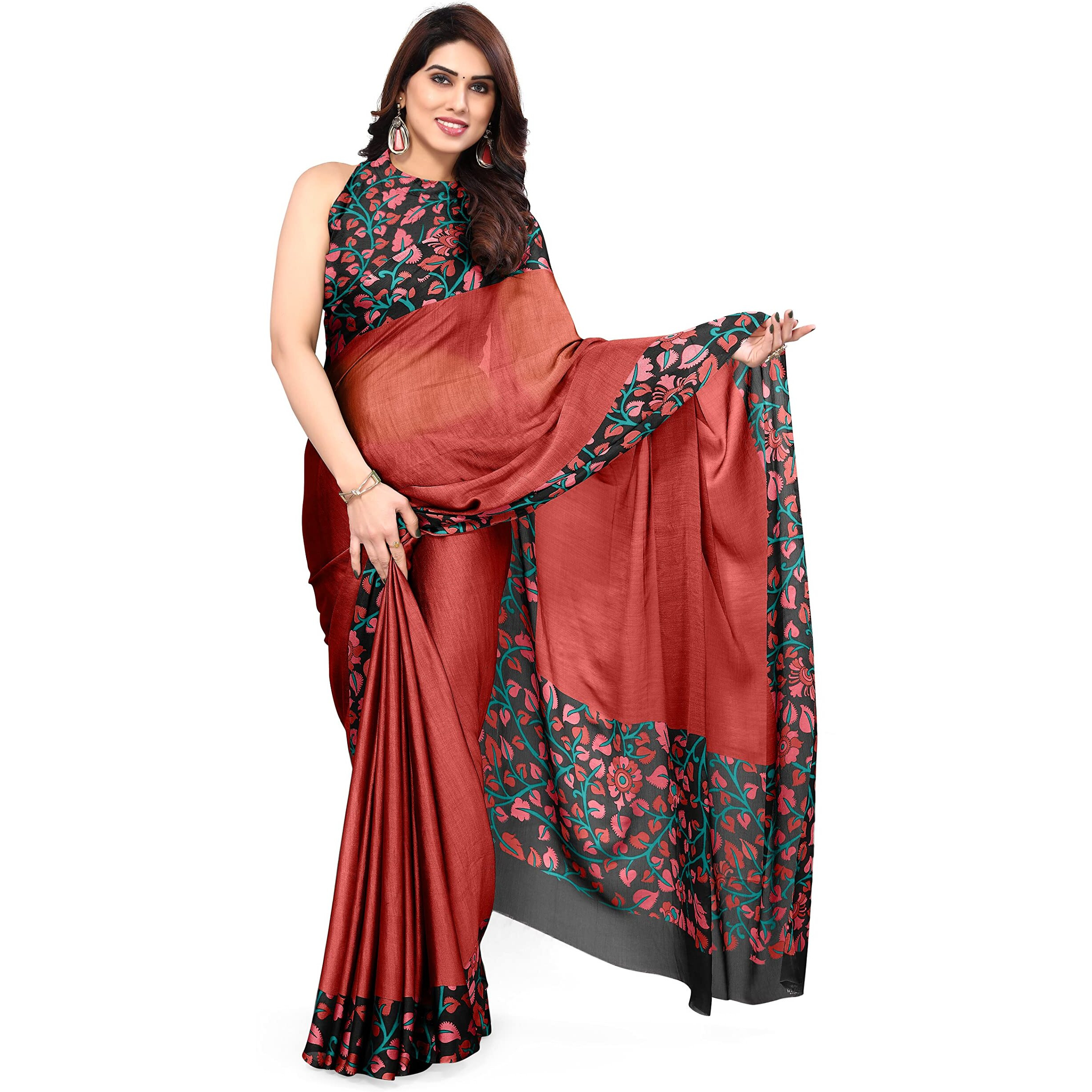MIRCHI FASHION Womens Plain Weave Chiffon Kalmkari Border Pallu Printed Saree with Blouse Piece (38141-Red, Black)