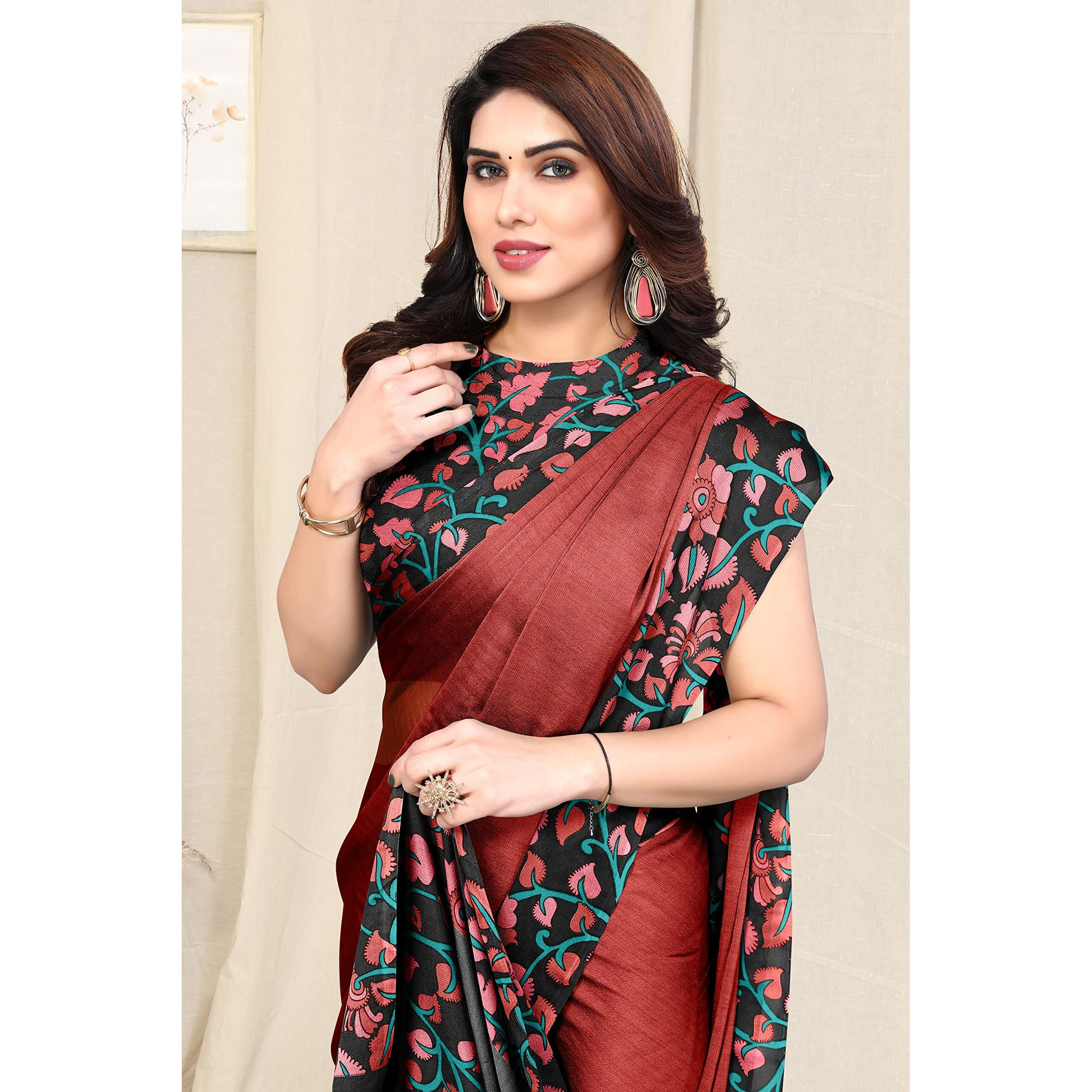 MIRCHI FASHION Womens Plain Weave Chiffon Kalmkari Border Pallu Printed Saree with Blouse Piece (38141-Red, Black)