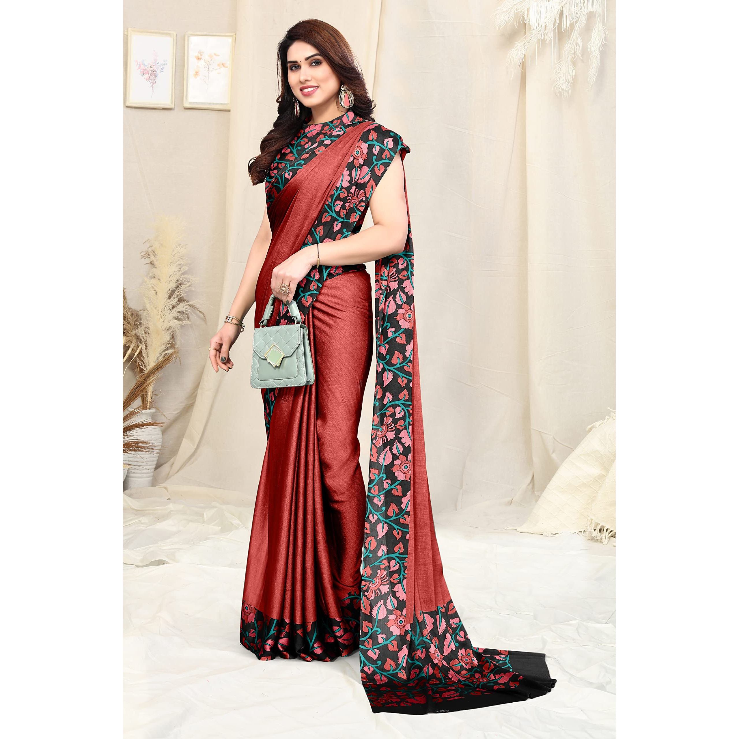 MIRCHI FASHION Womens Plain Weave Chiffon Kalmkari Border Pallu Printed Saree with Blouse Piece (38141-Red, Black)