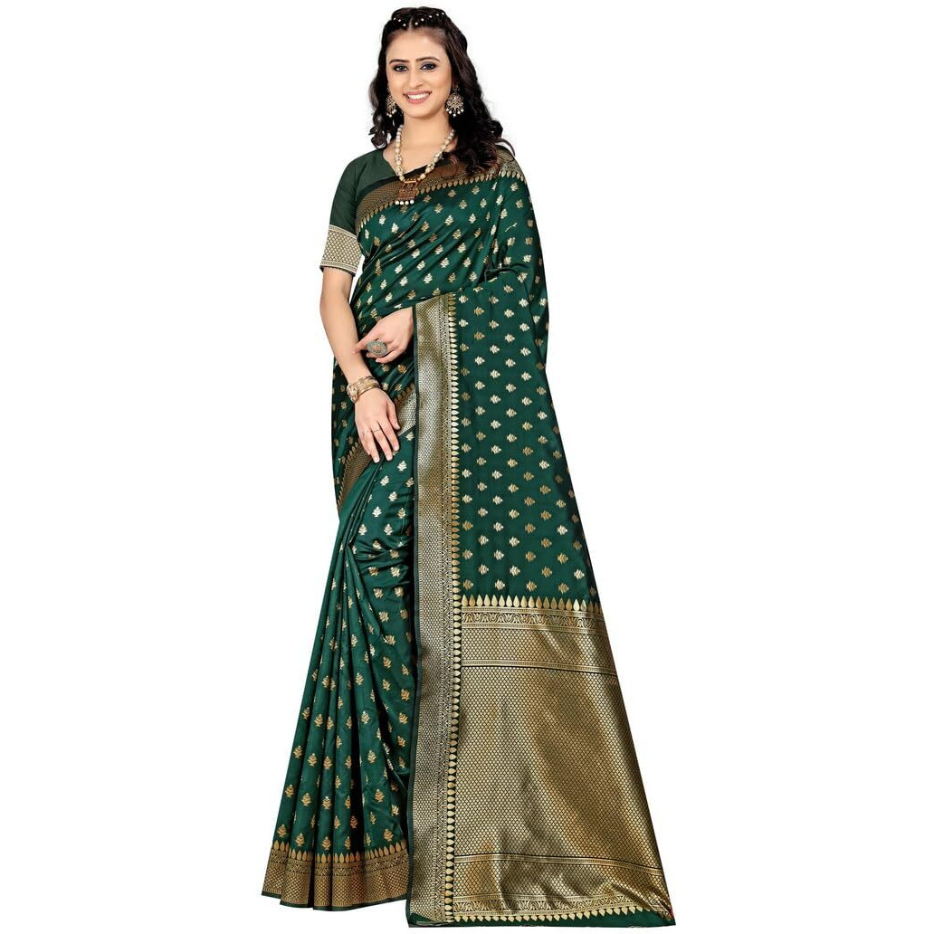 Sugathari Womens Banarasi Saree Pure Kanjivaram Silk Saree Soft new ladies 2023 Design Wear Pattu Sarees Latest Party Sari collections With Blouse Piece for Wedding sadi (SAM PARI-180 DARK GREEN)