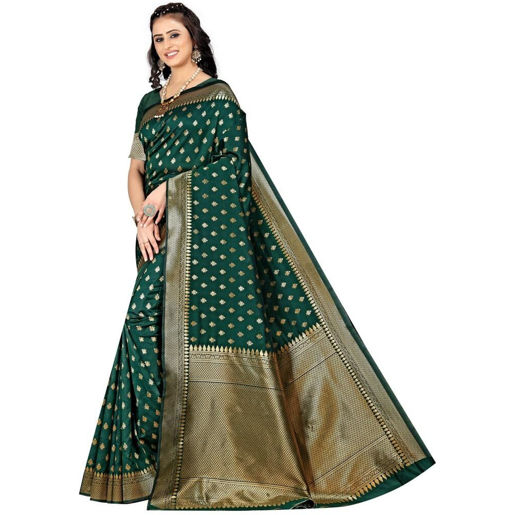Sugathari Womens Banarasi Saree Pure Kanjivaram Silk Saree Soft new ladies 2023 Design Wear Pattu Sarees Latest Party Sari collections With Blouse Piece for Wedding sadi (SAM PARI-180 DARK GREEN)