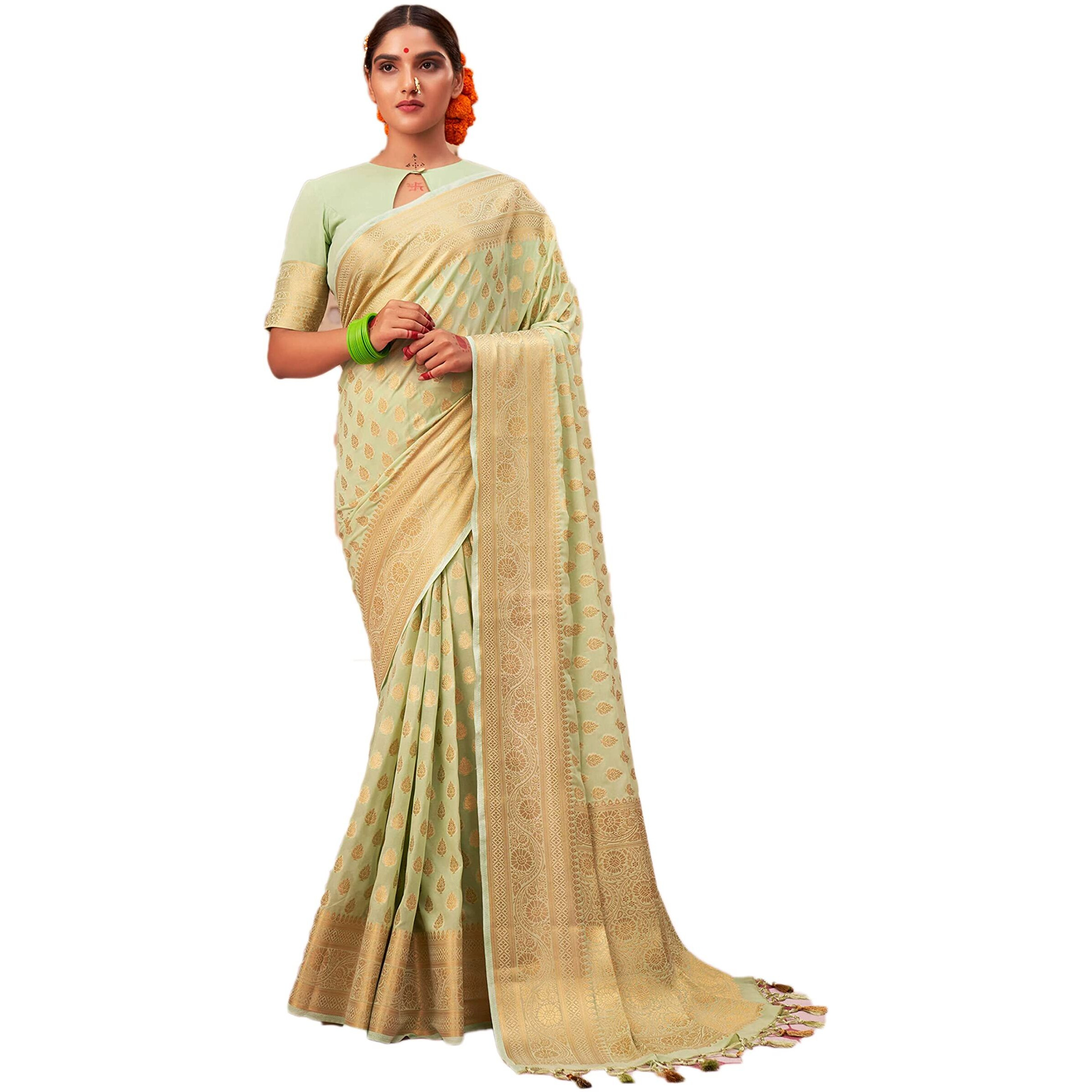 Vardha Womens Banarasi Georgette Silk Saree with Unstitched Blouse Piece - Gold Zari Woven Work Sarees for Wedding (Pehnava_586)