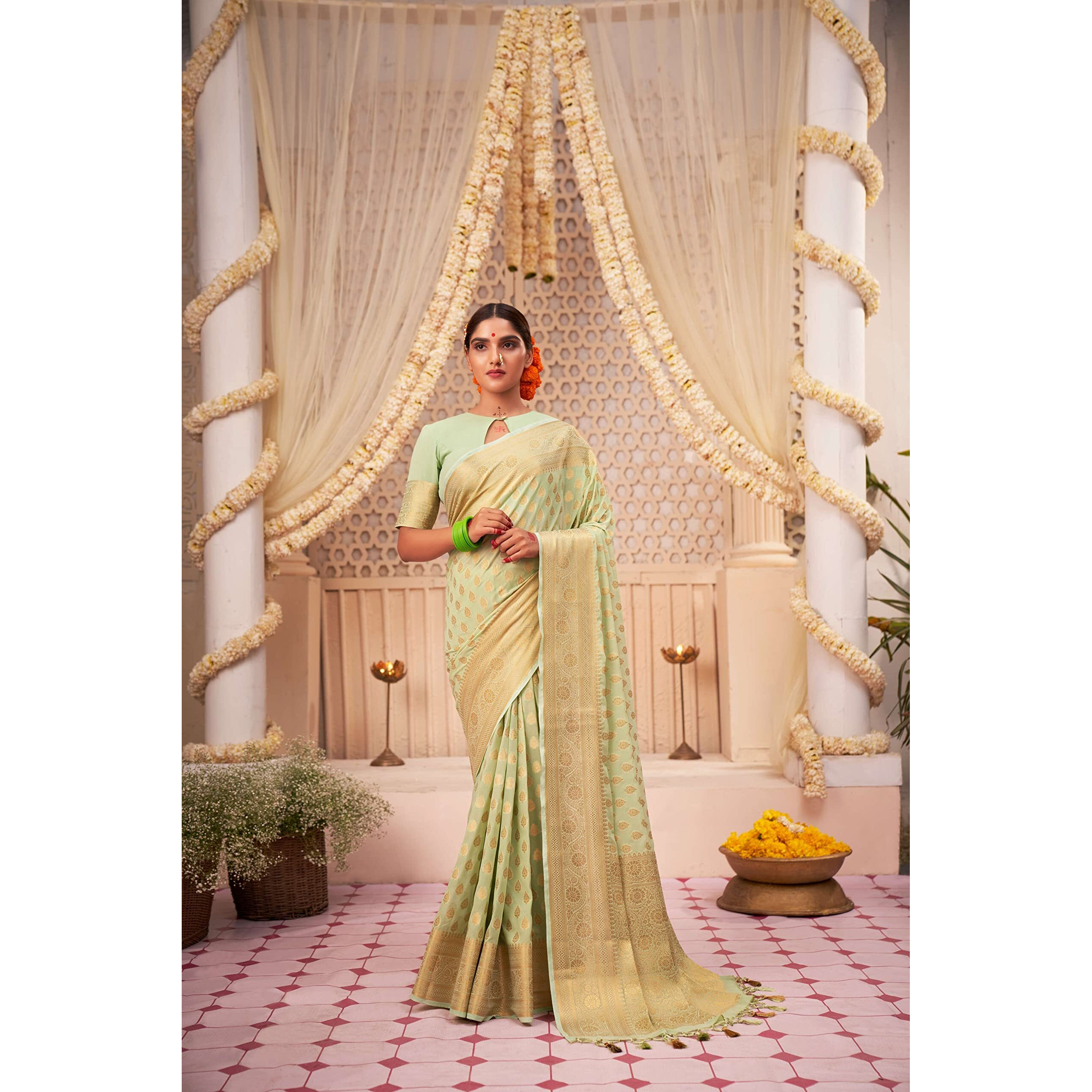 Vardha Womens Banarasi Georgette Silk Saree with Unstitched Blouse Piece - Gold Zari Woven Work Sarees for Wedding (Pehnava_586)