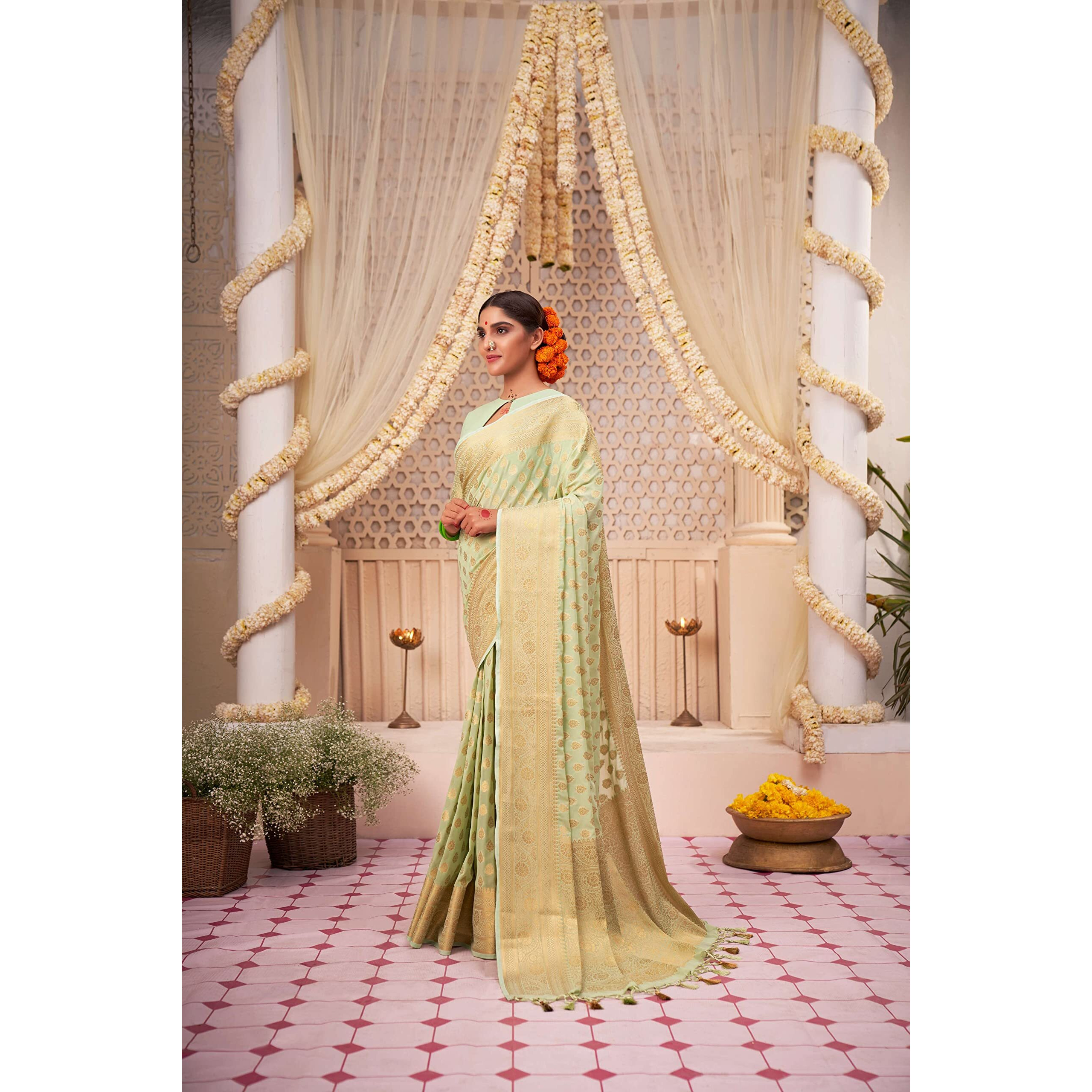 Vardha Womens Banarasi Georgette Silk Saree with Unstitched Blouse Piece - Gold Zari Woven Work Sarees for Wedding (Pehnava_586)