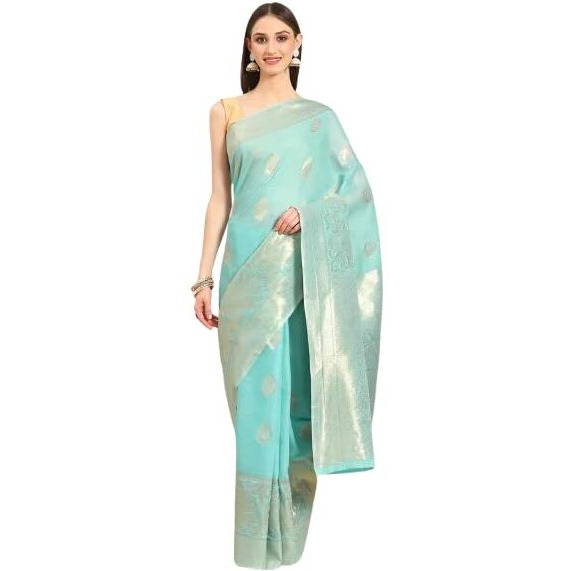 SILK LAND Womens Cotton Kota Silk Gold Copper Zari Saree With Unstitched Blouse Piece(Blue)
