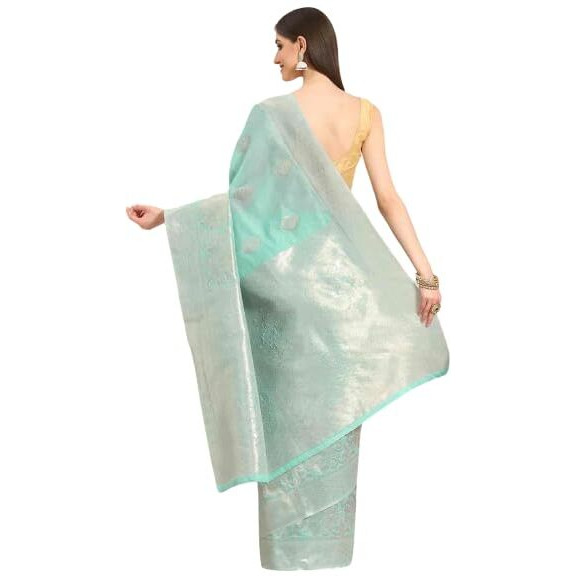 SILK LAND Womens Cotton Kota Silk Gold Copper Zari Saree With Unstitched Blouse Piece(Blue)
