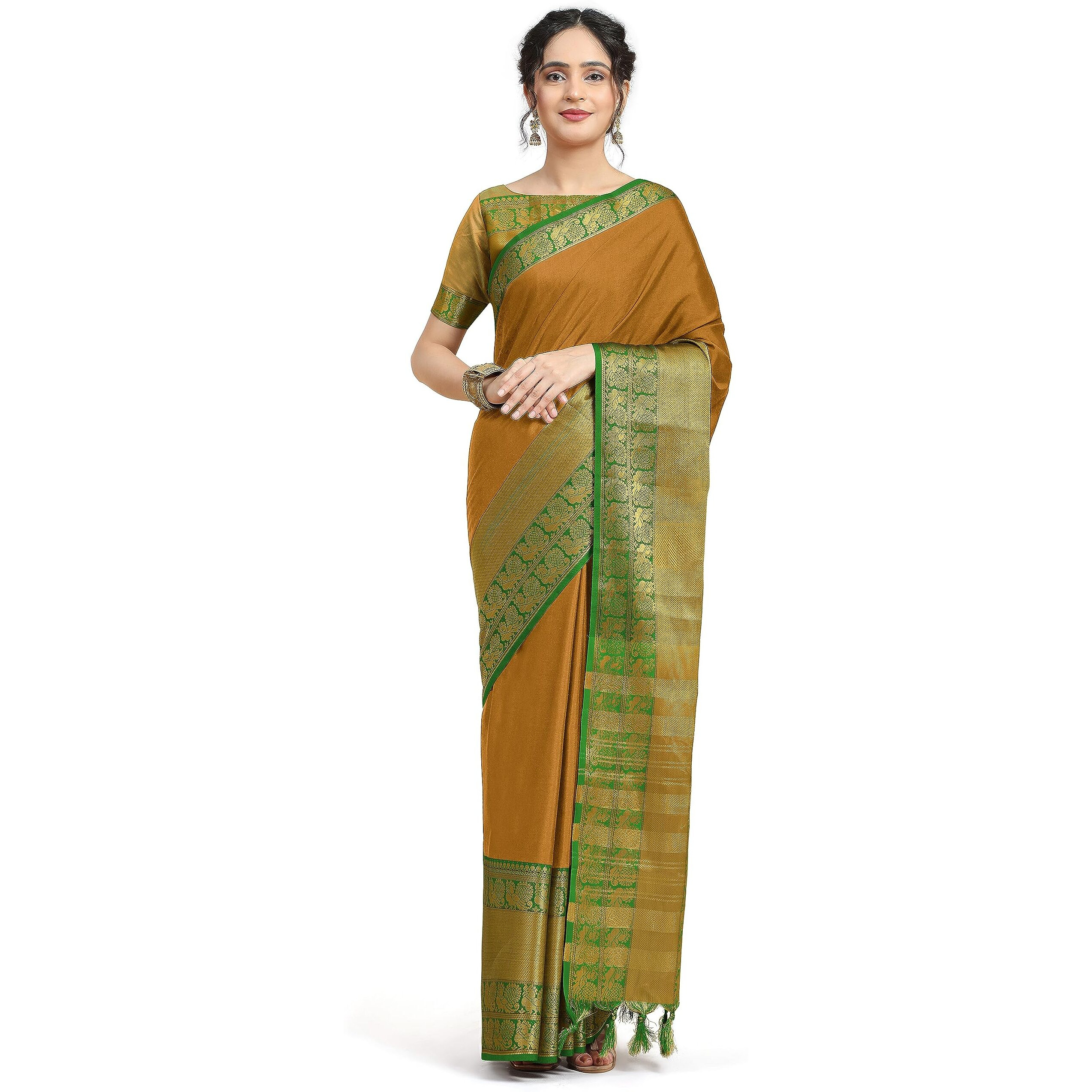 Jaanvi fashion Womens Narayan Peth Silk Saree With Gold-Toned Zari Work & Unstitched Blouse Piece (harshika-mustard)