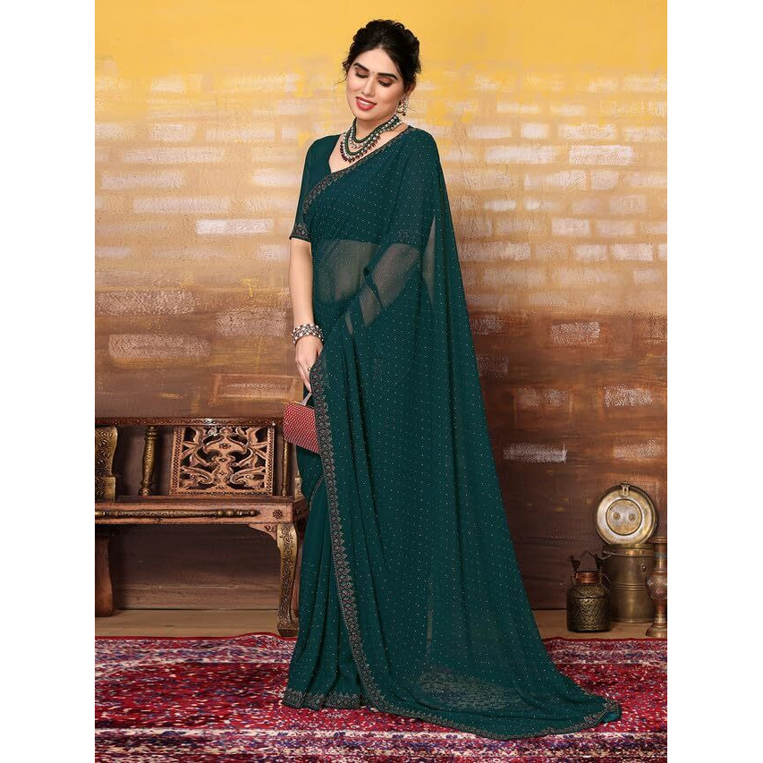 Satrani Womens Pure Georgette Saree (3321S164N_Dark Green)