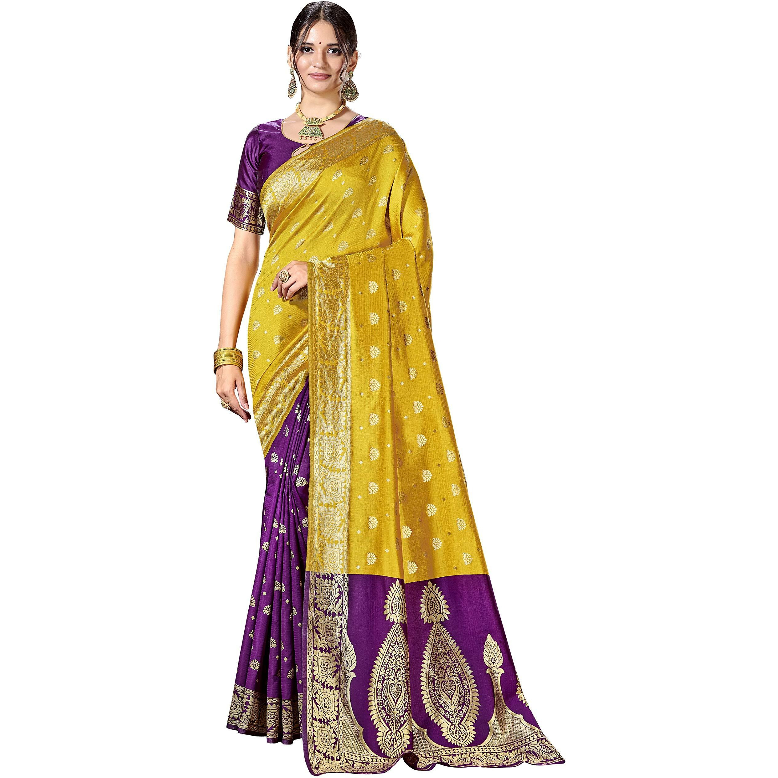 Glory Sarees Womens Silk Blend Banarasi Saree (Banarasi_Saree114_yellow)