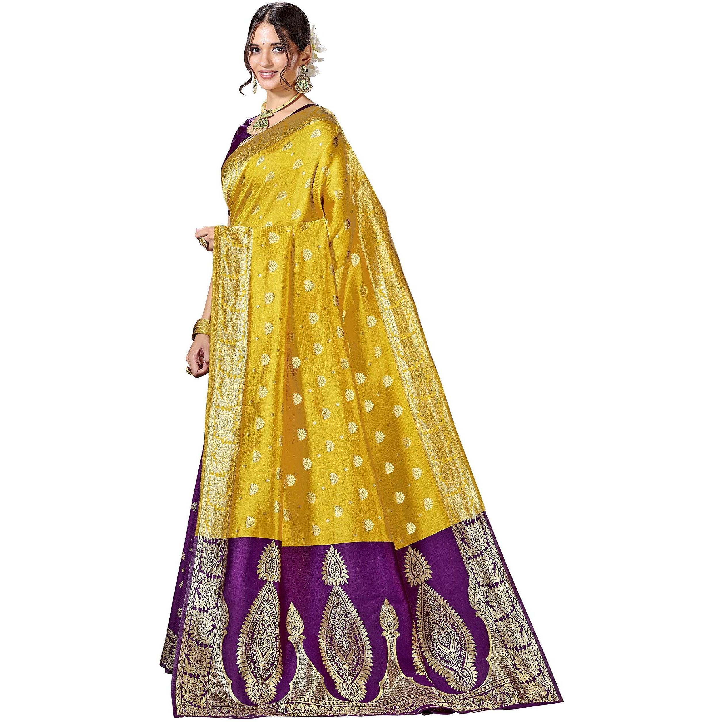 Glory Sarees Womens Silk Blend Banarasi Saree (Banarasi_Saree114_yellow)