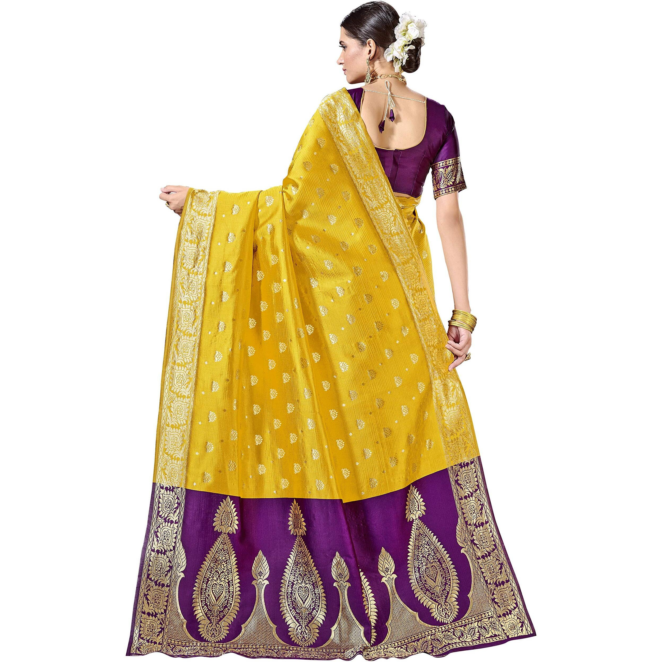Glory Sarees Womens Silk Blend Banarasi Saree (Banarasi_Saree114_yellow)