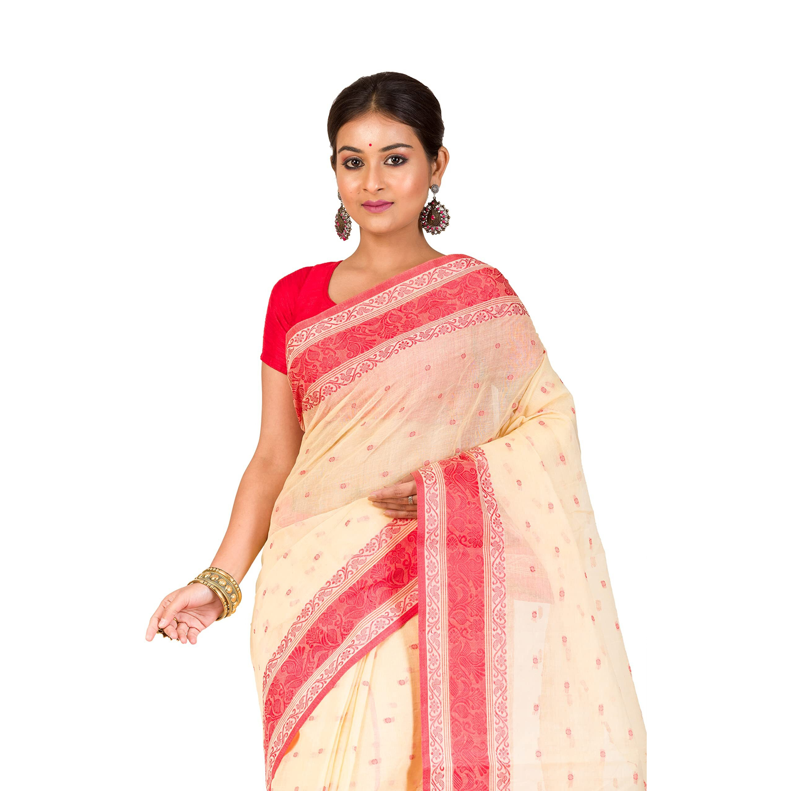 RAJ SAREE HOUSE Womens Traditional Pure Cotton Bengali Handloom Tant Saree without Blouse Piece - (Off-White Red)