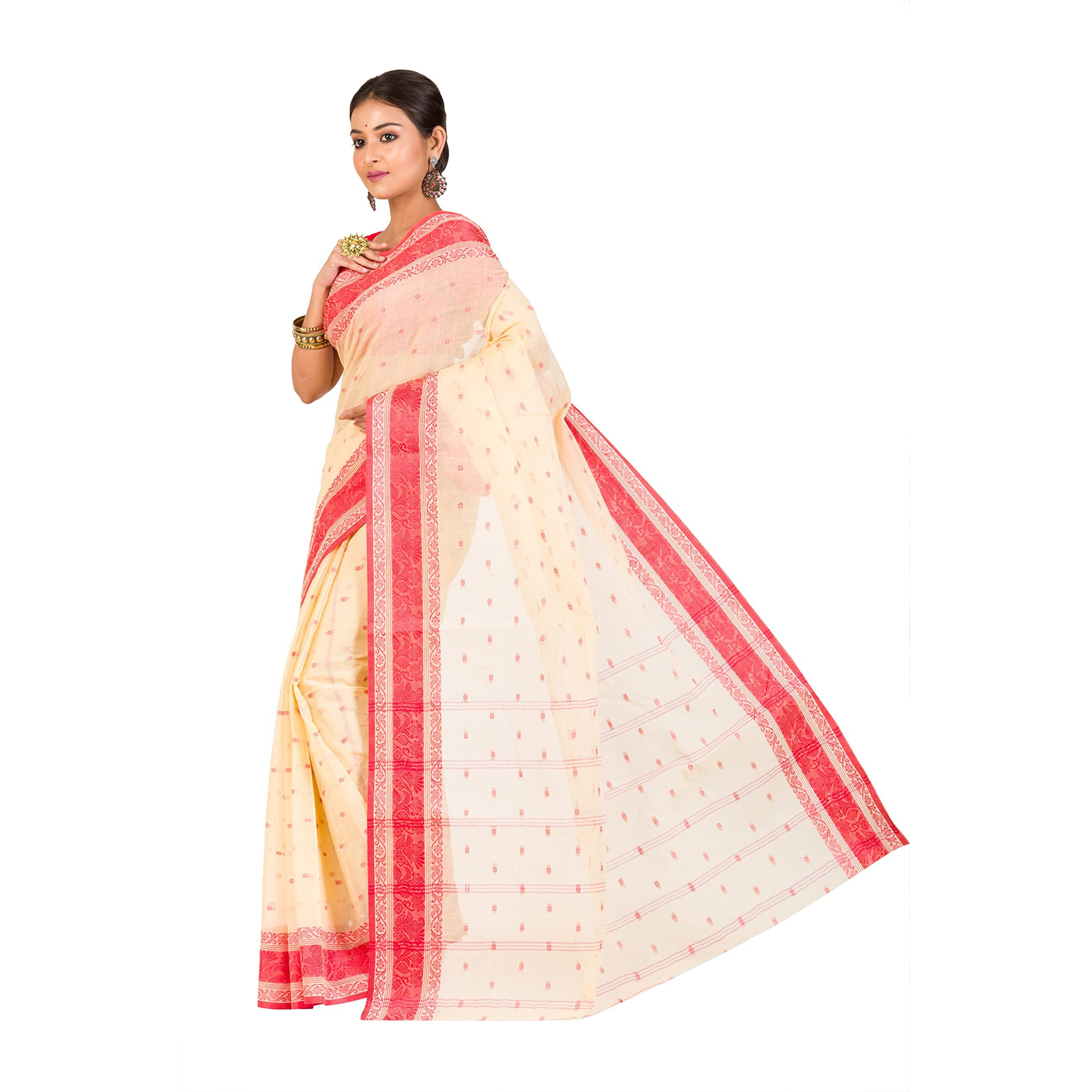 RAJ SAREE HOUSE Womens Traditional Pure Cotton Bengali Handloom Tant Saree without Blouse Piece - (Off-White Red)