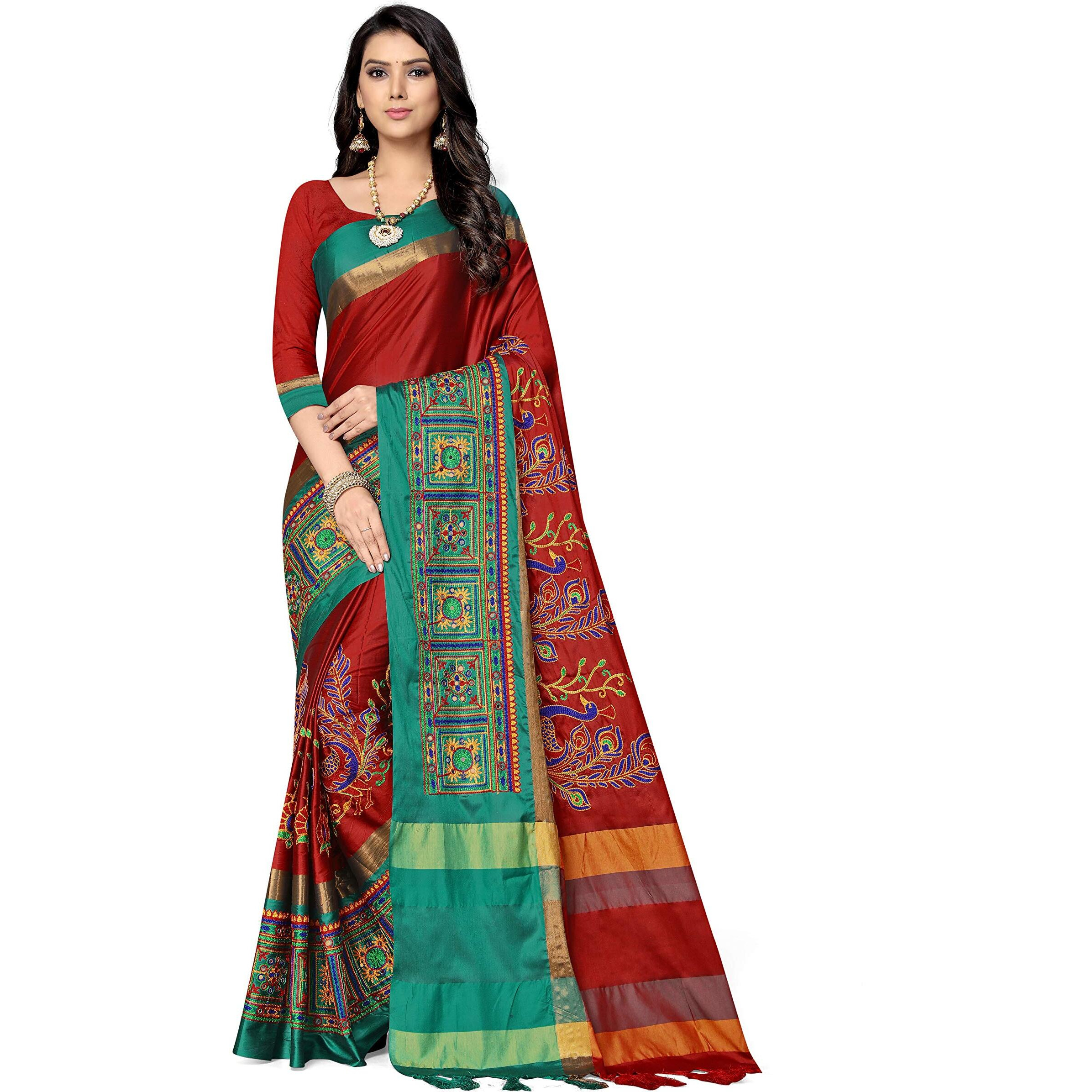 SERONA FABRICS Womens Banarasi Cotton Silk Embroidered Work Saree With Blouse Piece
