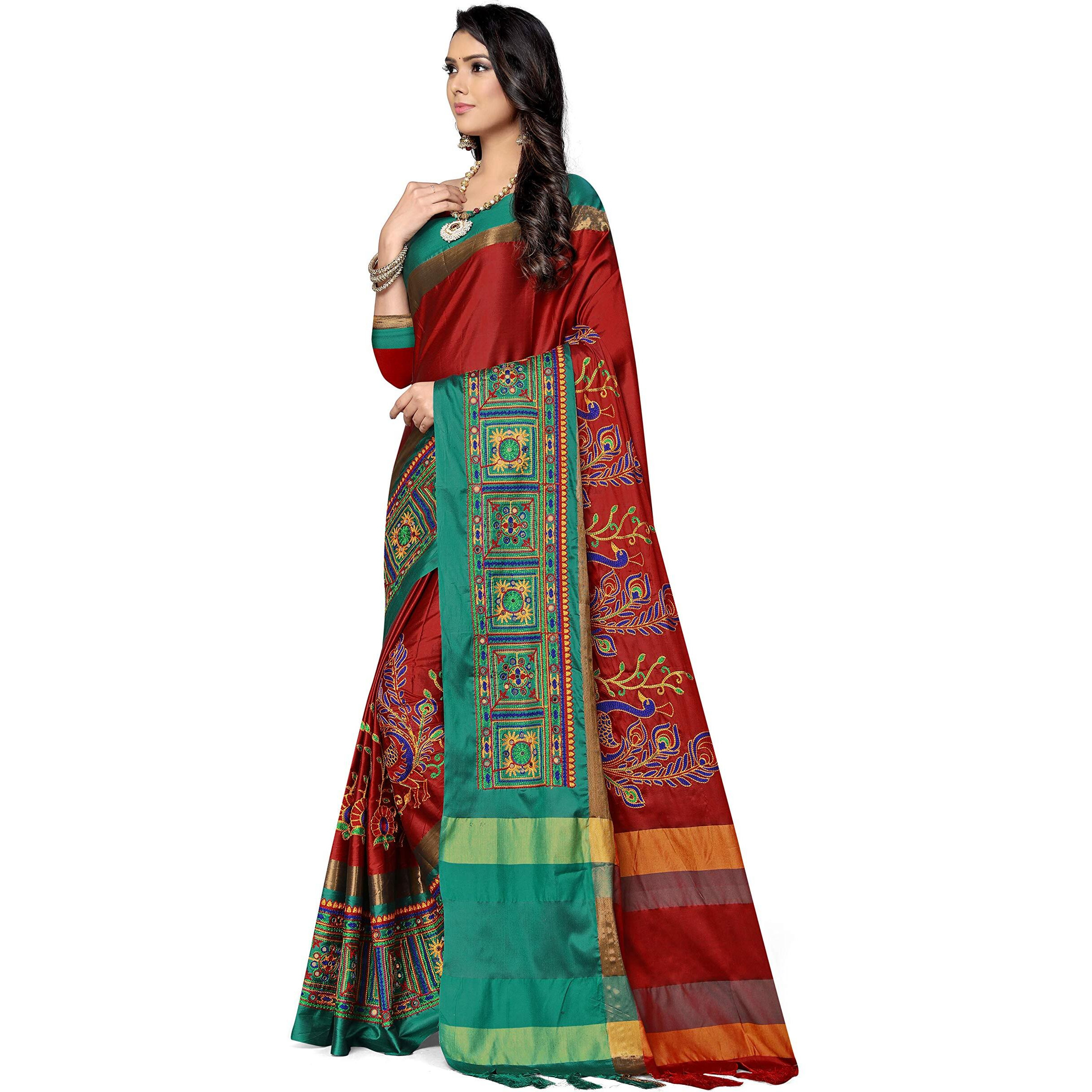 SERONA FABRICS Womens Banarasi Cotton Silk Embroidered Work Saree With Blouse Piece