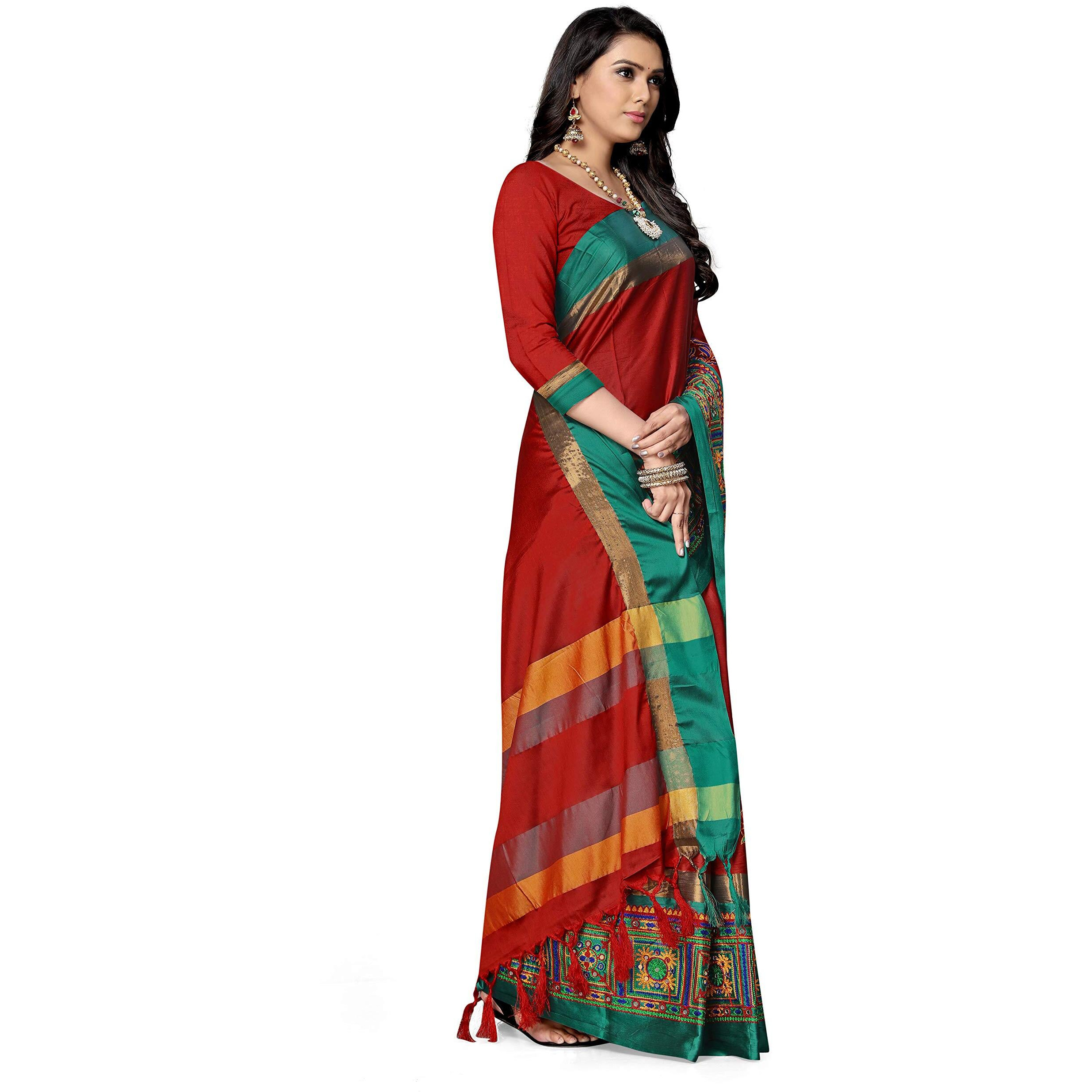 SERONA FABRICS Womens Banarasi Cotton Silk Embroidered Work Saree With Blouse Piece