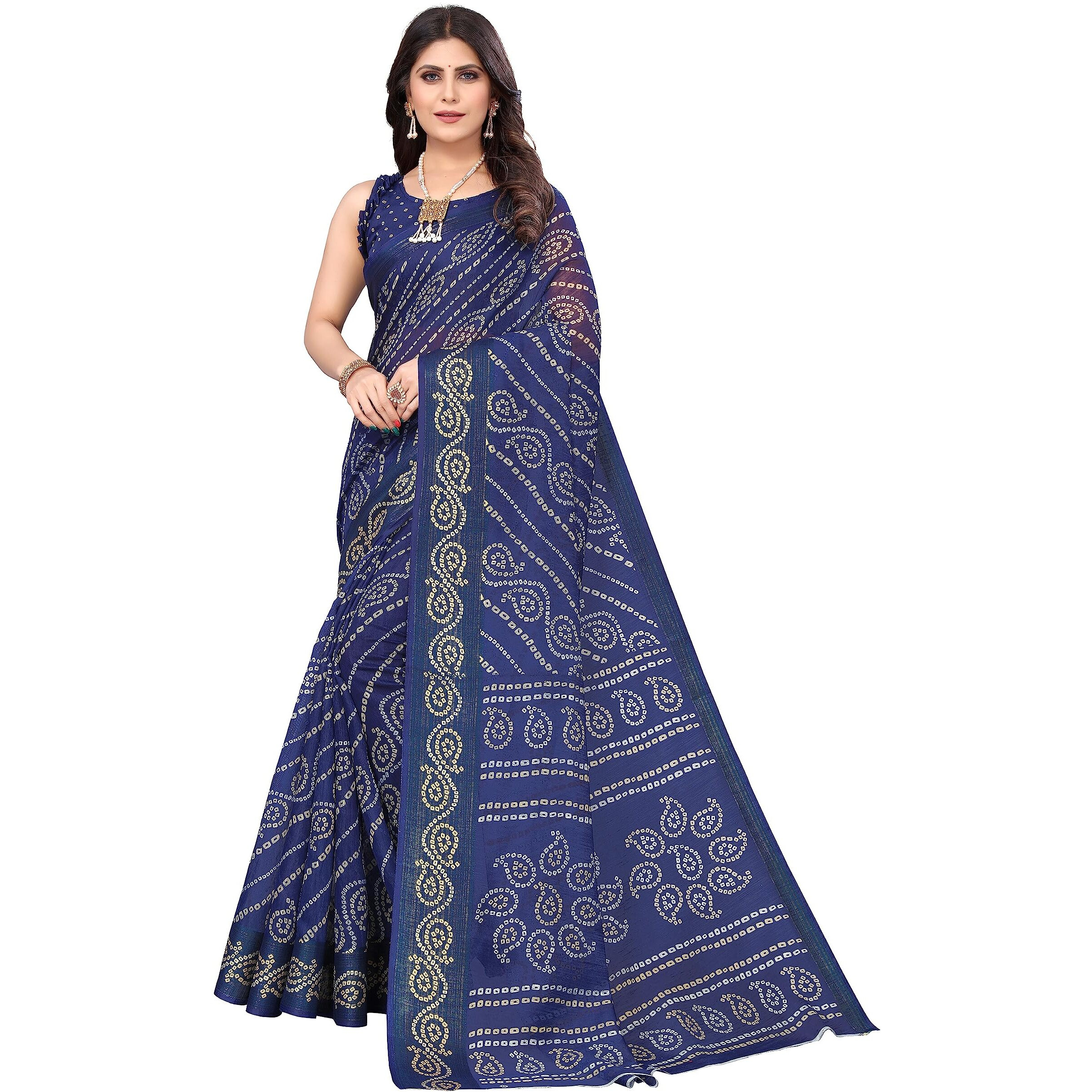 Yashika Womens Linen Jari Printed Navy Color Saree With Blouse Piece(JETPURI NAVY)