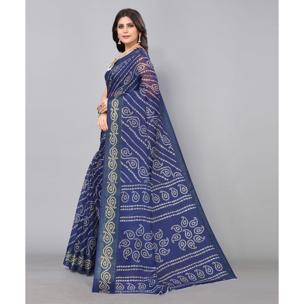 Yashika Womens Linen Jari Printed Navy Color Saree With Blouse Piece(JETPURI NAVY)