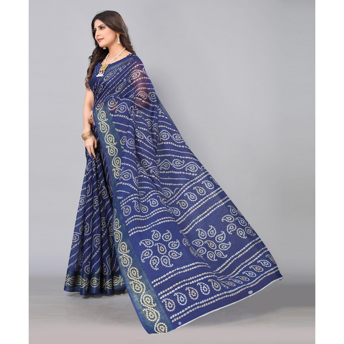 Yashika Womens Linen Jari Printed Navy Color Saree With Blouse Piece(JETPURI NAVY)