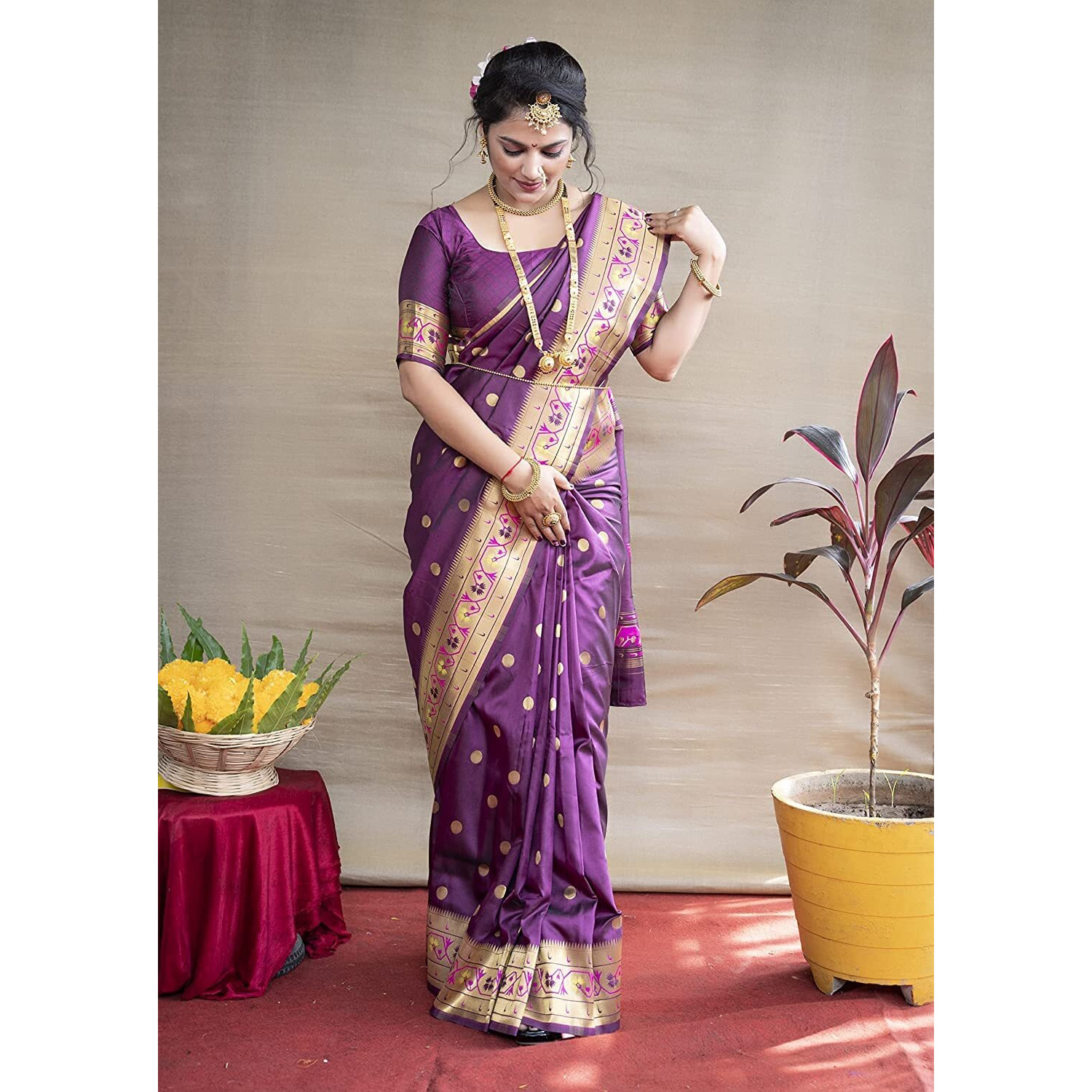 SGF11 Womens Paithani Kanjivaram Soft Silk Saree With Blouse Piece (Purple)