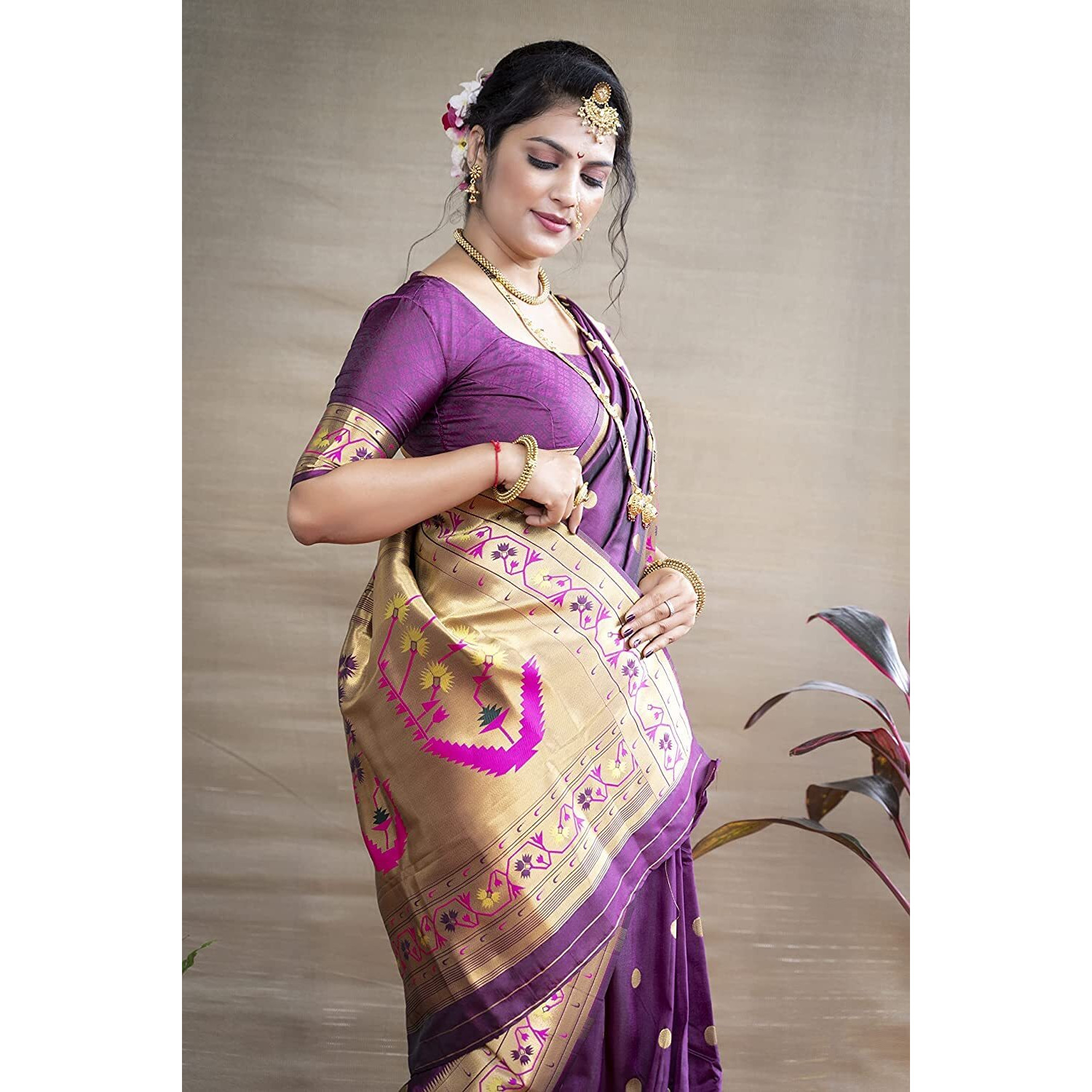 SGF11 Womens Paithani Kanjivaram Soft Silk Saree With Blouse Piece (Purple)
