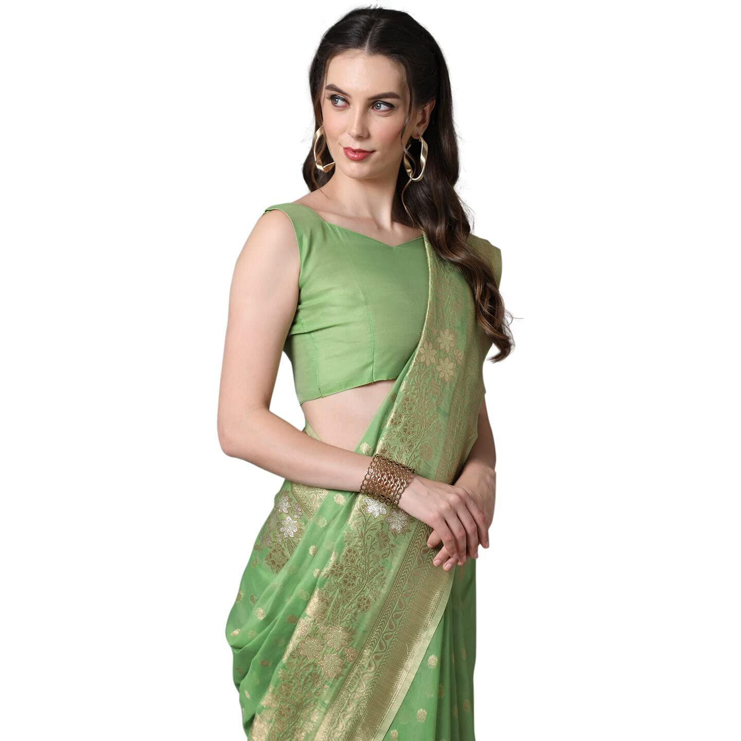 AKHILAM Womens Woven Design Banarasi Silk Saree With Unstitched Blouse Piece(Green_VMIKA1001)