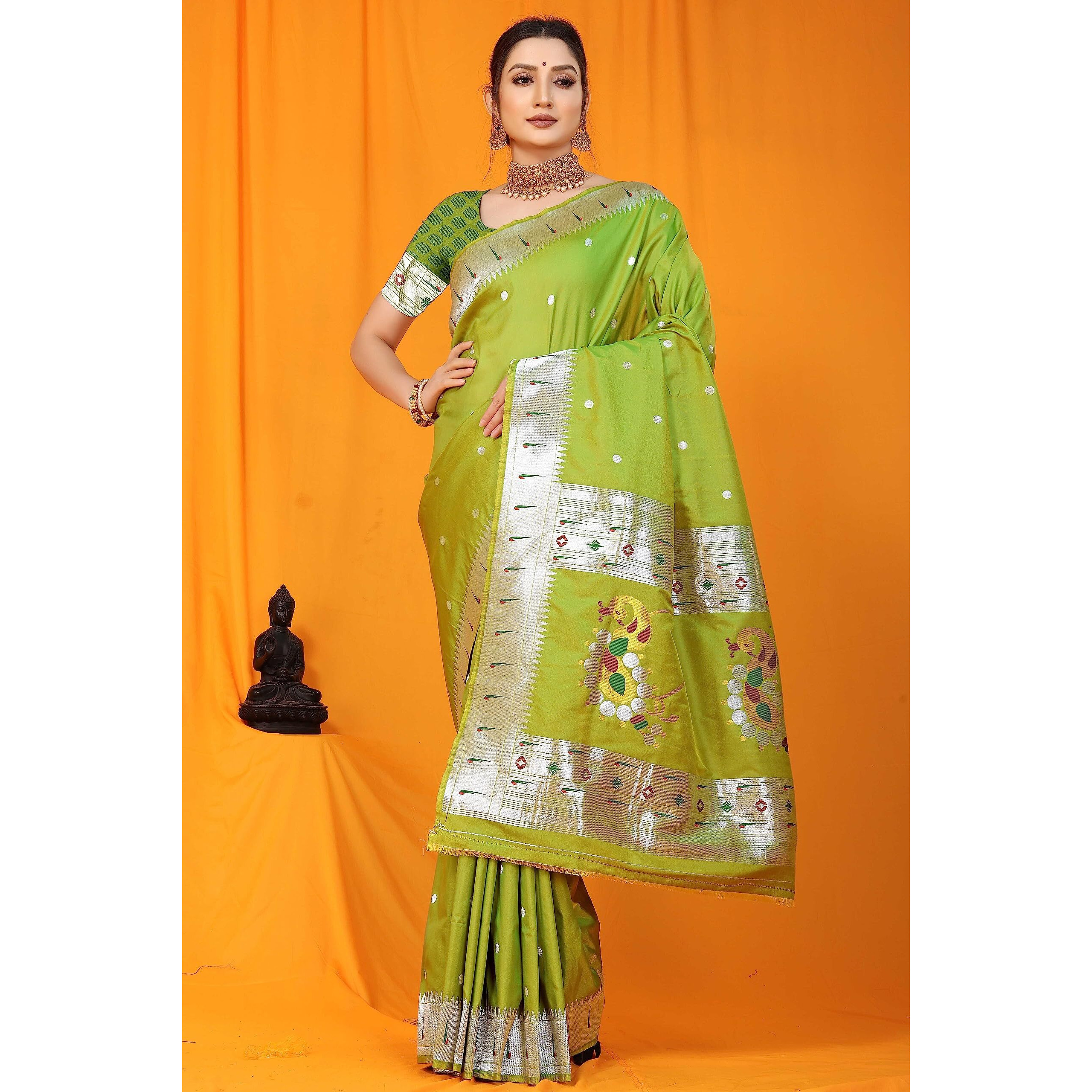 SGF11 Womens Paithani Kanjivaram Pure Silk Handloom Saree Pure Silver Zari With Blouse Piece (Green)