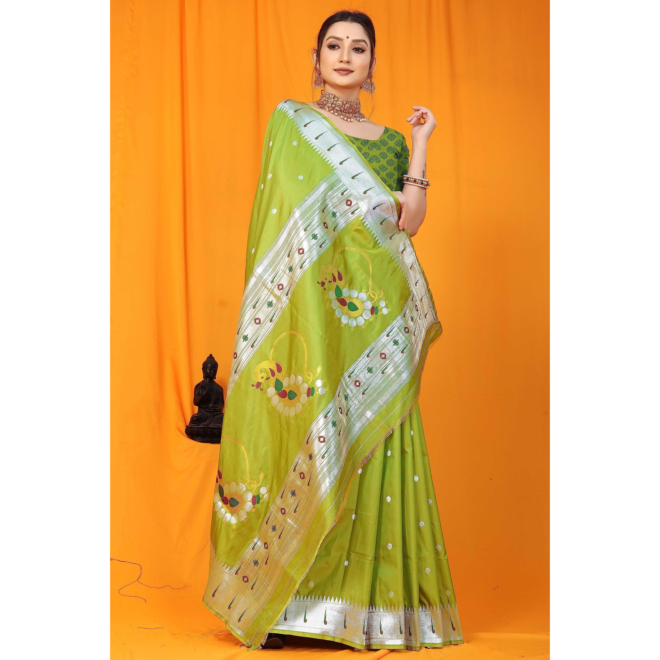 SGF11 Womens Paithani Kanjivaram Pure Silk Handloom Saree Pure Silver Zari With Blouse Piece (Green)