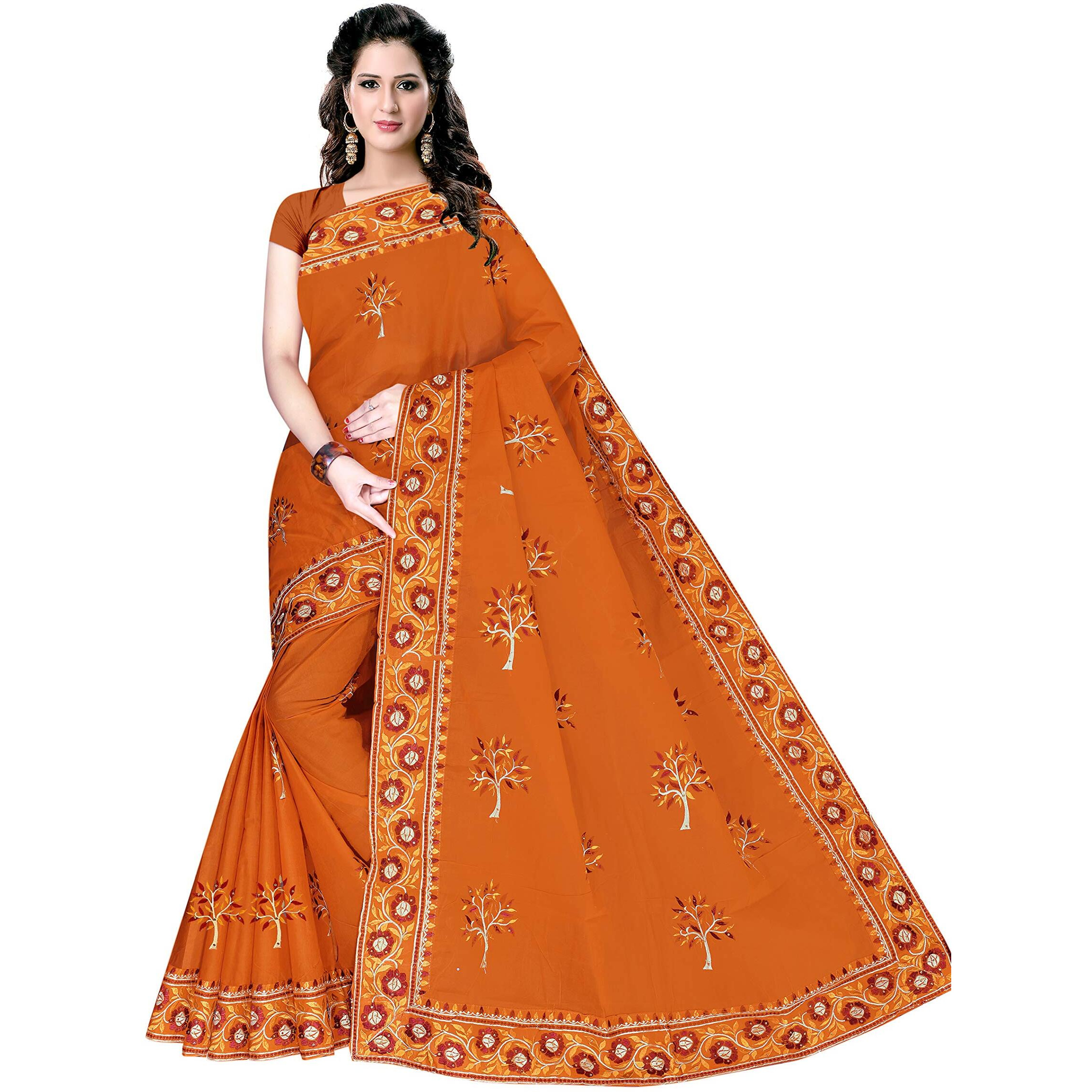 TAMAIRA FASHION Womens Plain Weave Pure Cotton Saree with Heavy Embroidery and stone work Without Blouse Piece (Mustard)