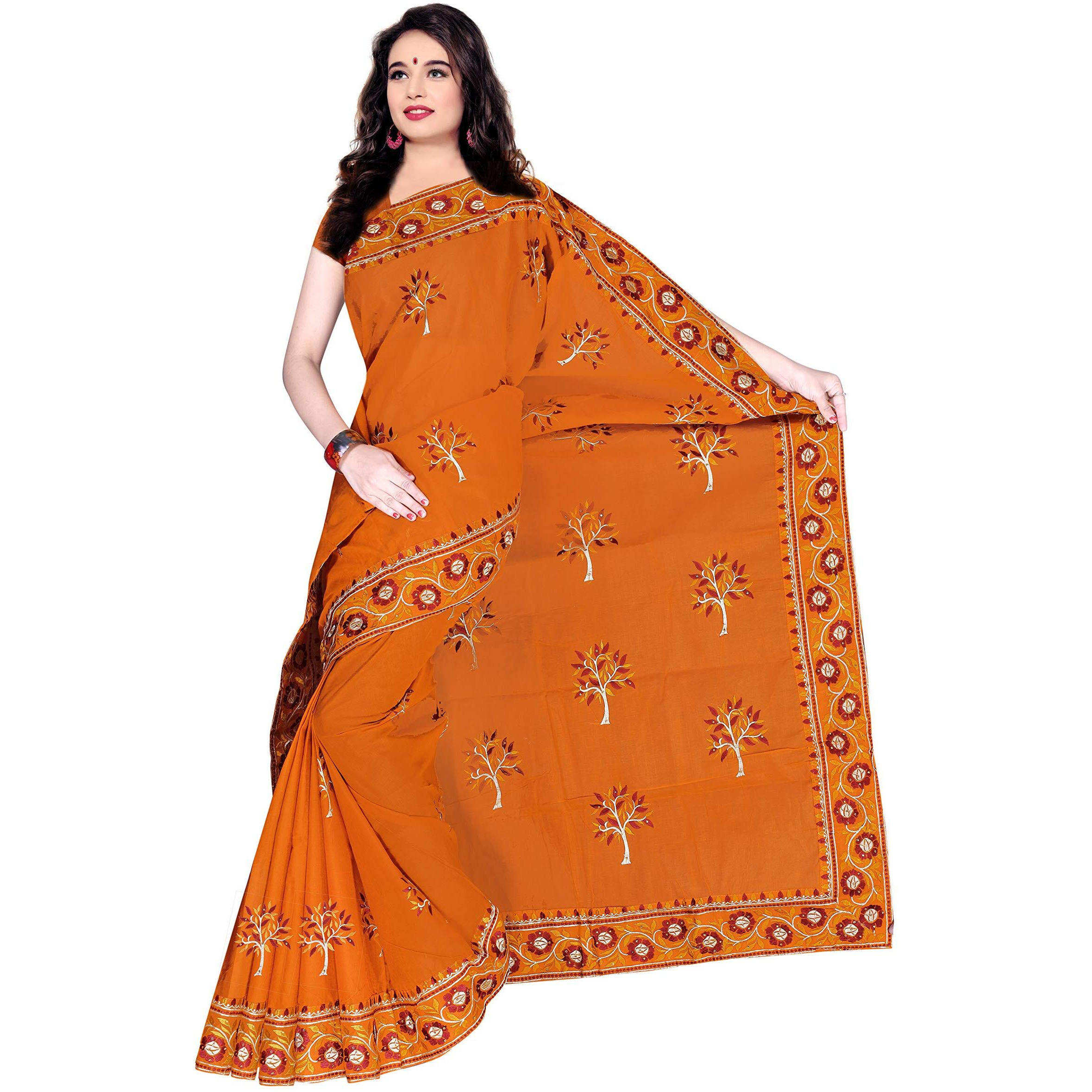 TAMAIRA FASHION Womens Plain Weave Pure Cotton Saree with Heavy Embroidery and stone work Without Blouse Piece (Mustard)