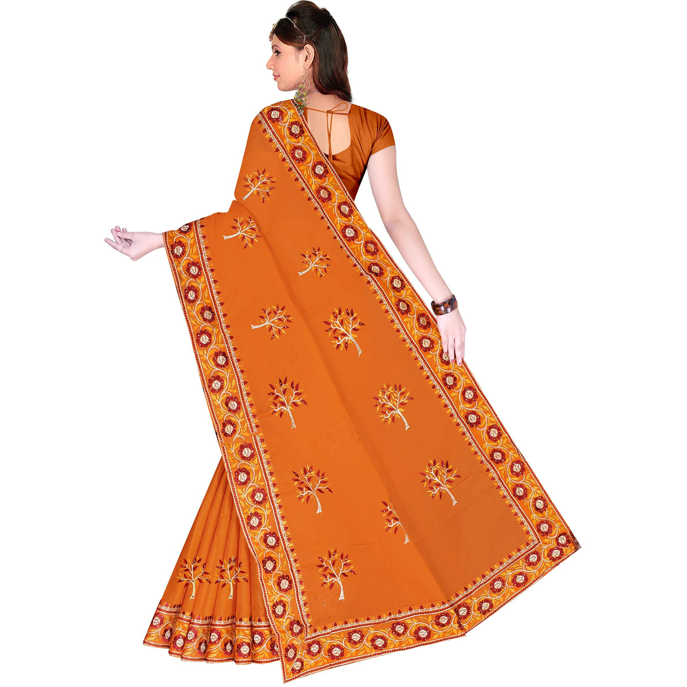 TAMAIRA FASHION Womens Plain Weave Pure Cotton Saree with Heavy Embroidery and stone work Without Blouse Piece (Mustard)