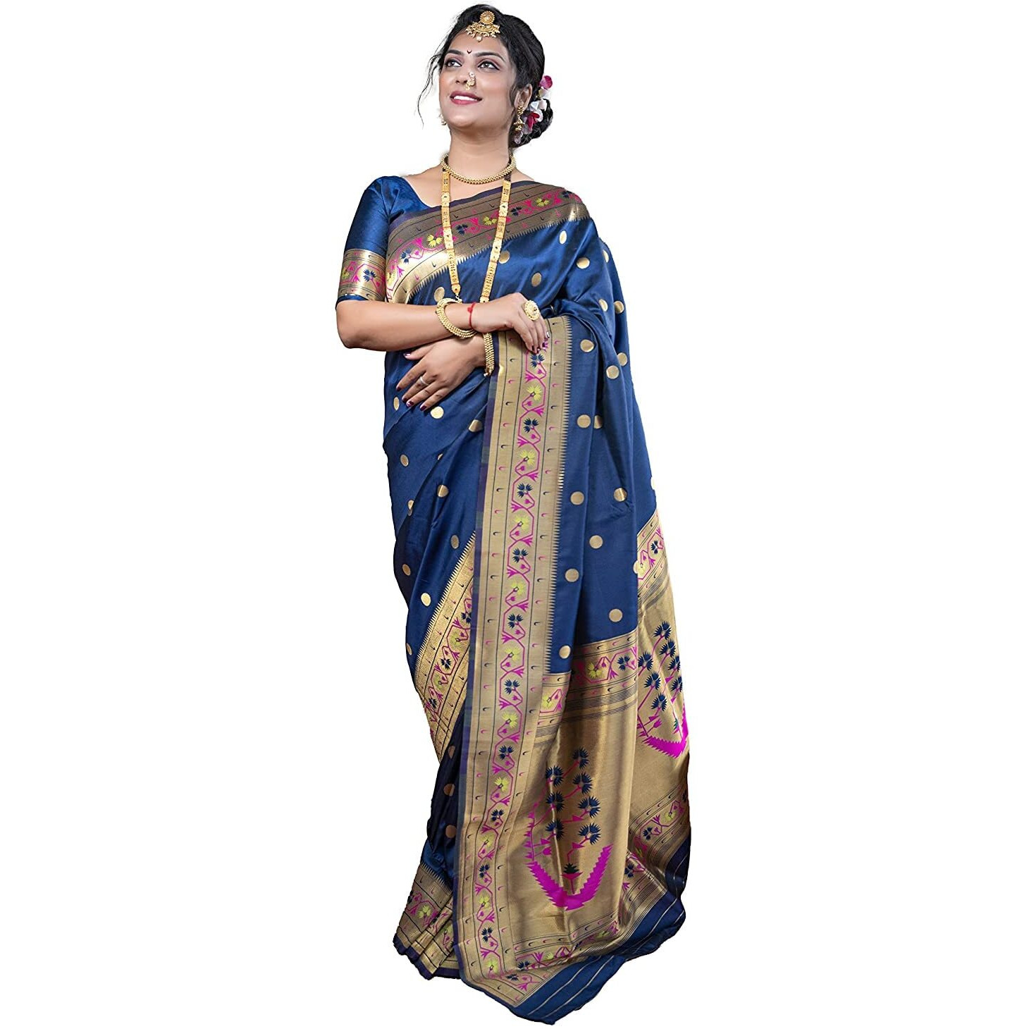 SGF11 Womens Paithani Kanjivaram Soft Silk Saree With Blouse Piece (Dark Blue)