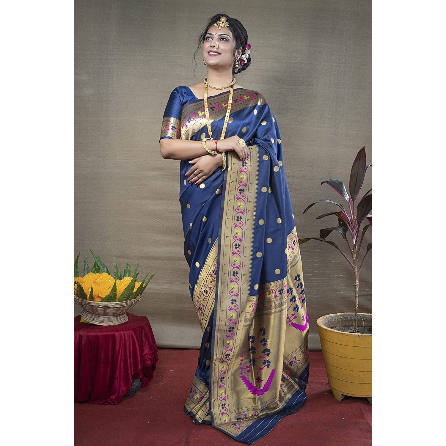 SGF11 Womens Paithani Kanjivaram Soft Silk Saree With Blouse Piece (Dark Blue)