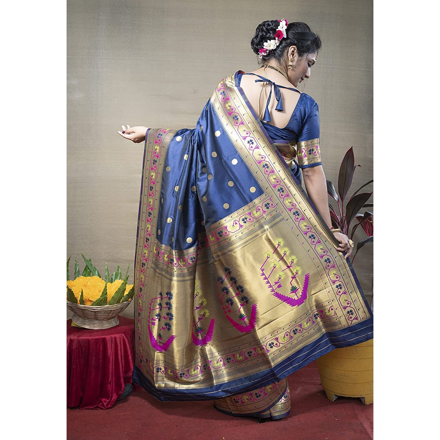 SGF11 Womens Paithani Kanjivaram Soft Silk Saree With Blouse Piece (Dark Blue)