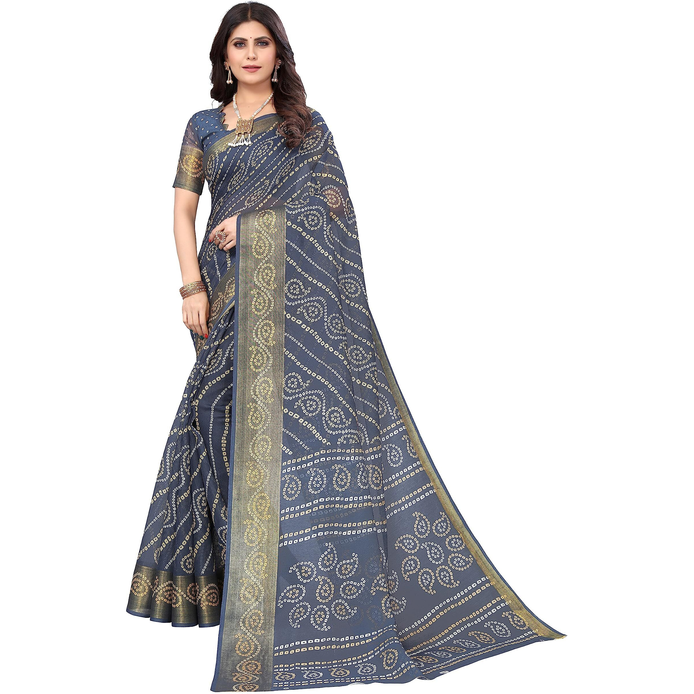 Yashika Womens Linen Jari Printed Grey Color Saree With Blouse Piece(JETPURI GREY)