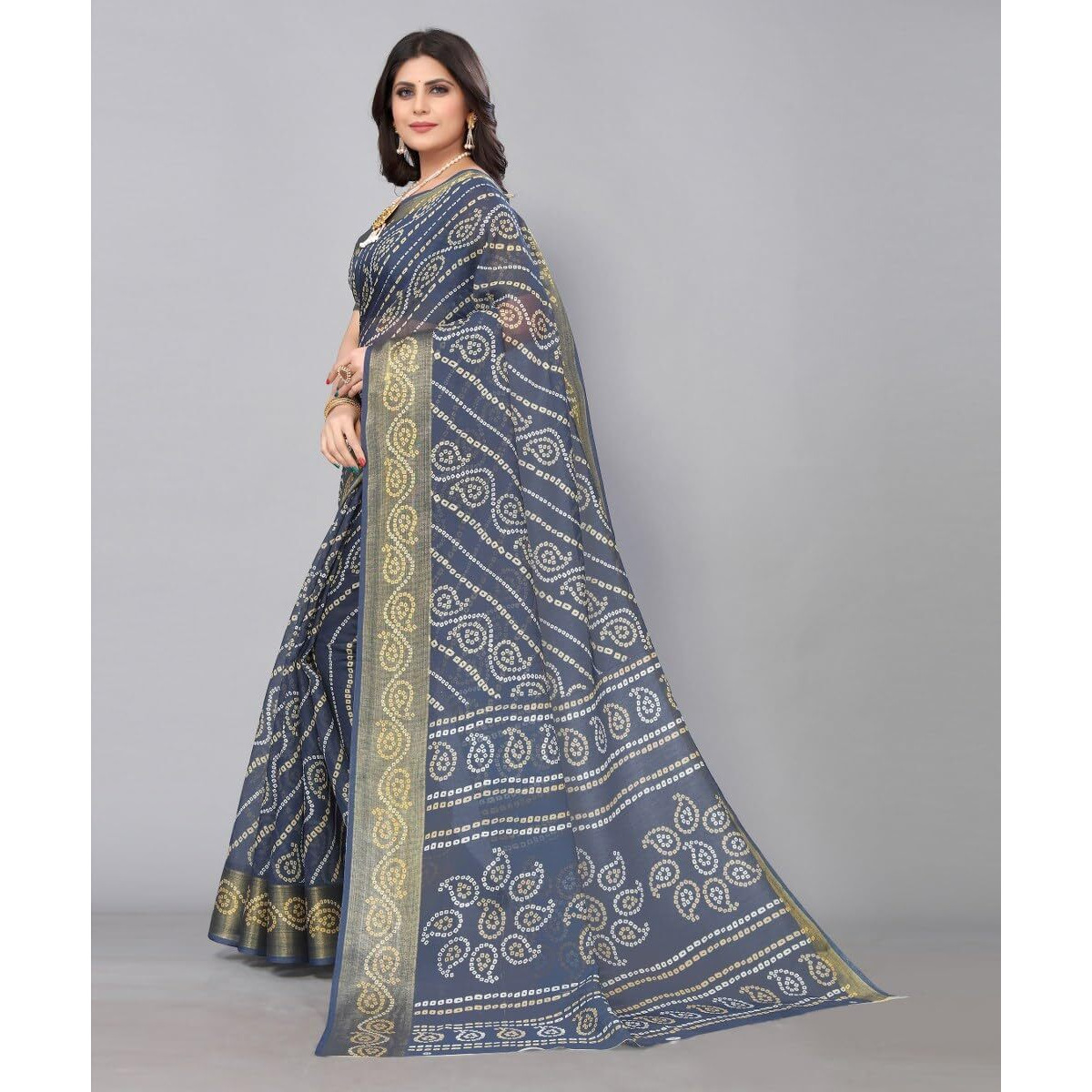 Yashika Womens Linen Jari Printed Grey Color Saree With Blouse Piece(JETPURI GREY)