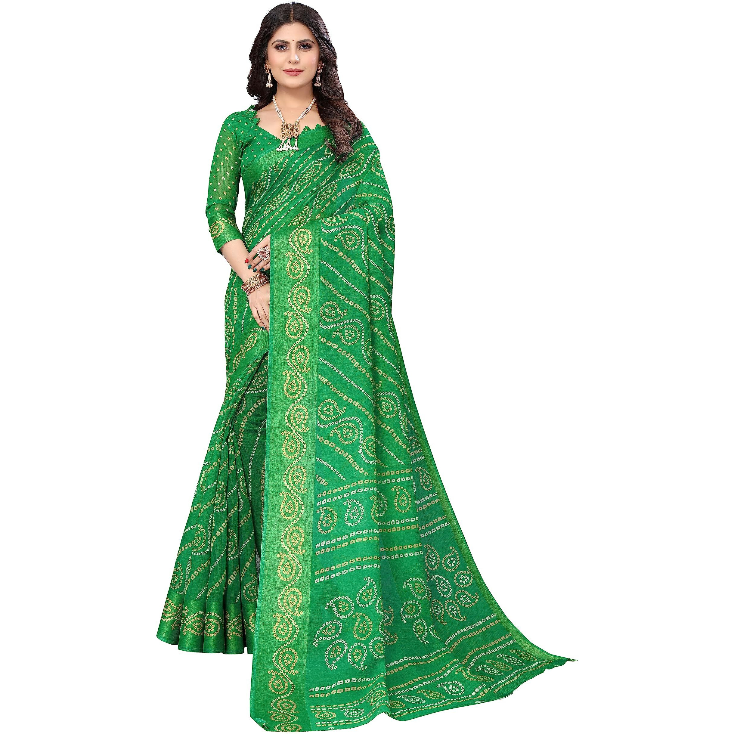 Yashika Womens Linen Jari Printed Green Color Saree With Blouse Piece(JETPURI GREEN)