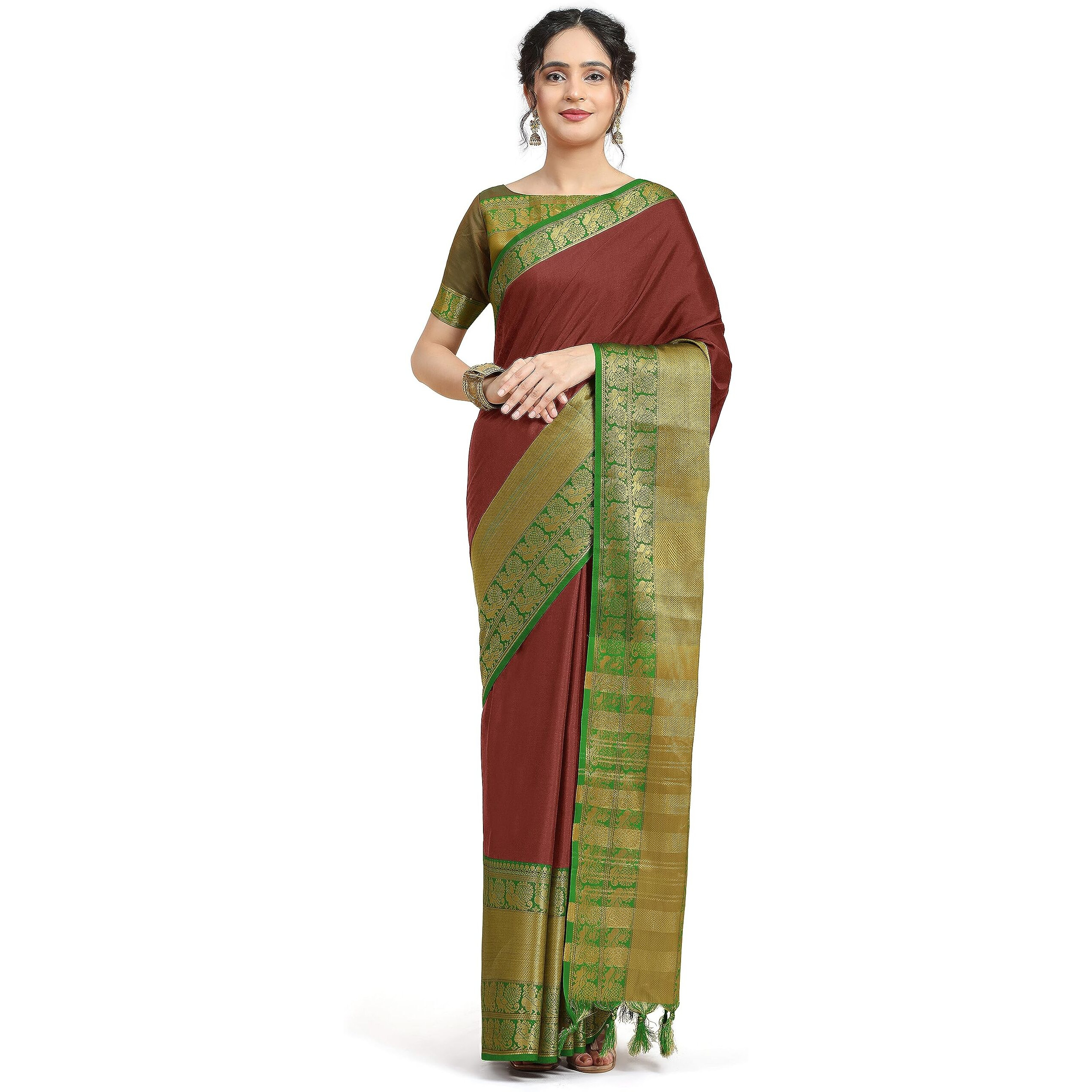Jaanvi fashion Womens Narayan Peth Silk Saree With Gold-Toned Zari Work & Unstitched Blouse Piece (harshika-maroon)